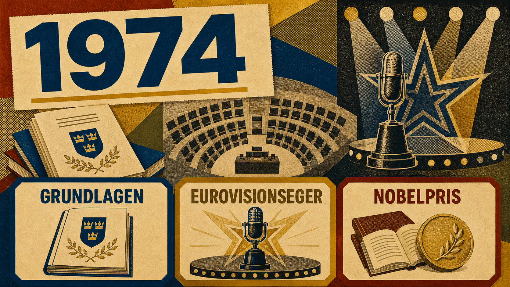 Infografik för Sverige 1974 med symboler för grundlagen, Eurovisionsegern och Nobelpriset.