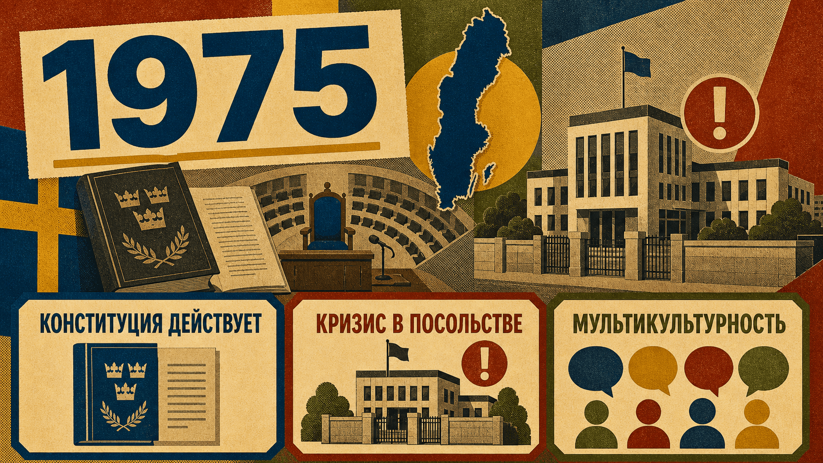 Инфографика о Швеции 1975 года с символами конституции, кризиса в посольстве и мультикультурности.