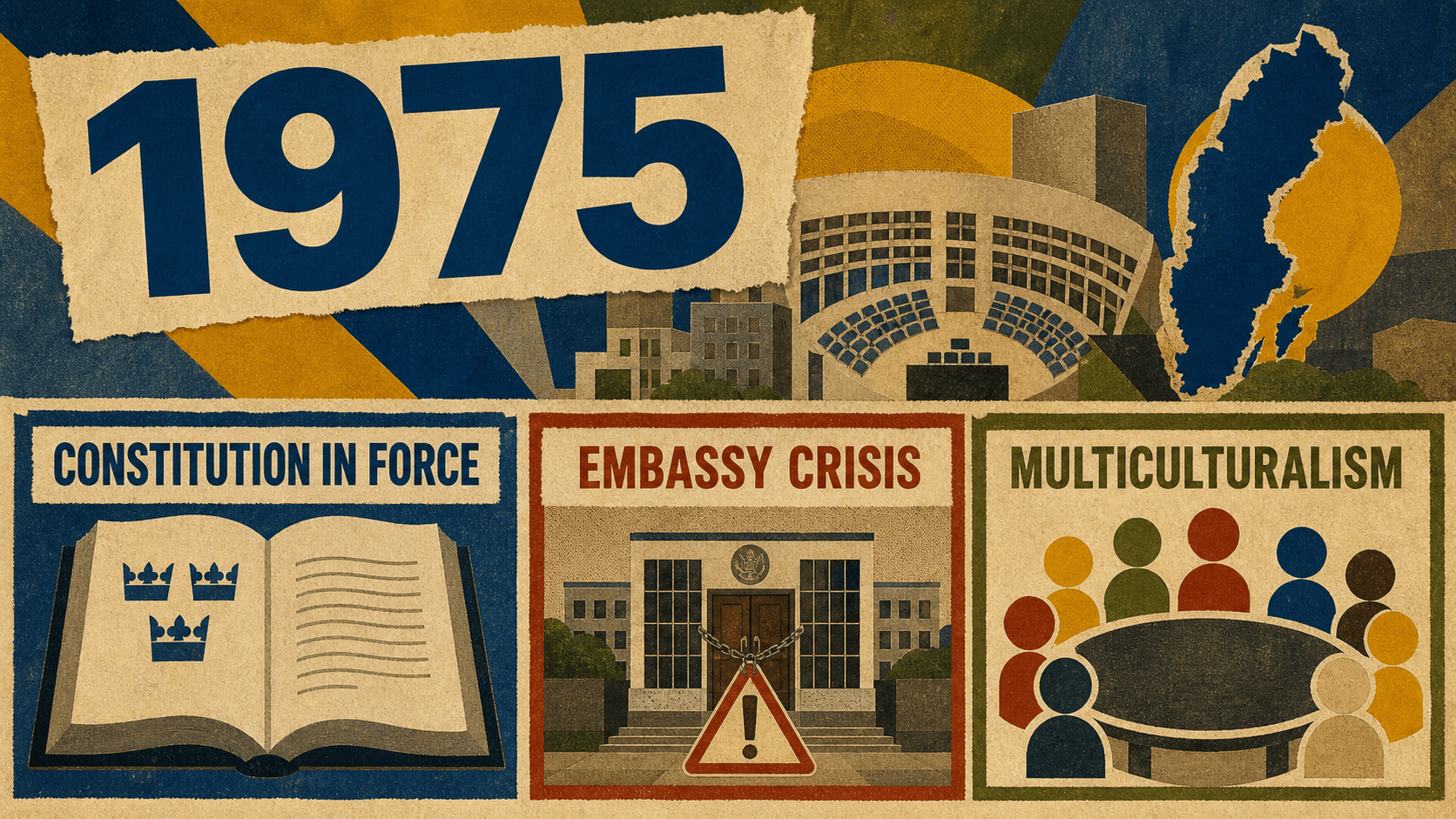 Infographic for Sweden in 1975 with constitution, embassy crisis, and multiculturalism symbols.