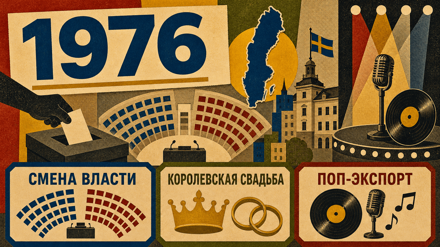 Инфографика о Швеции 1976 года с символами смены власти, королевской свадьбы и поп-экспорта.