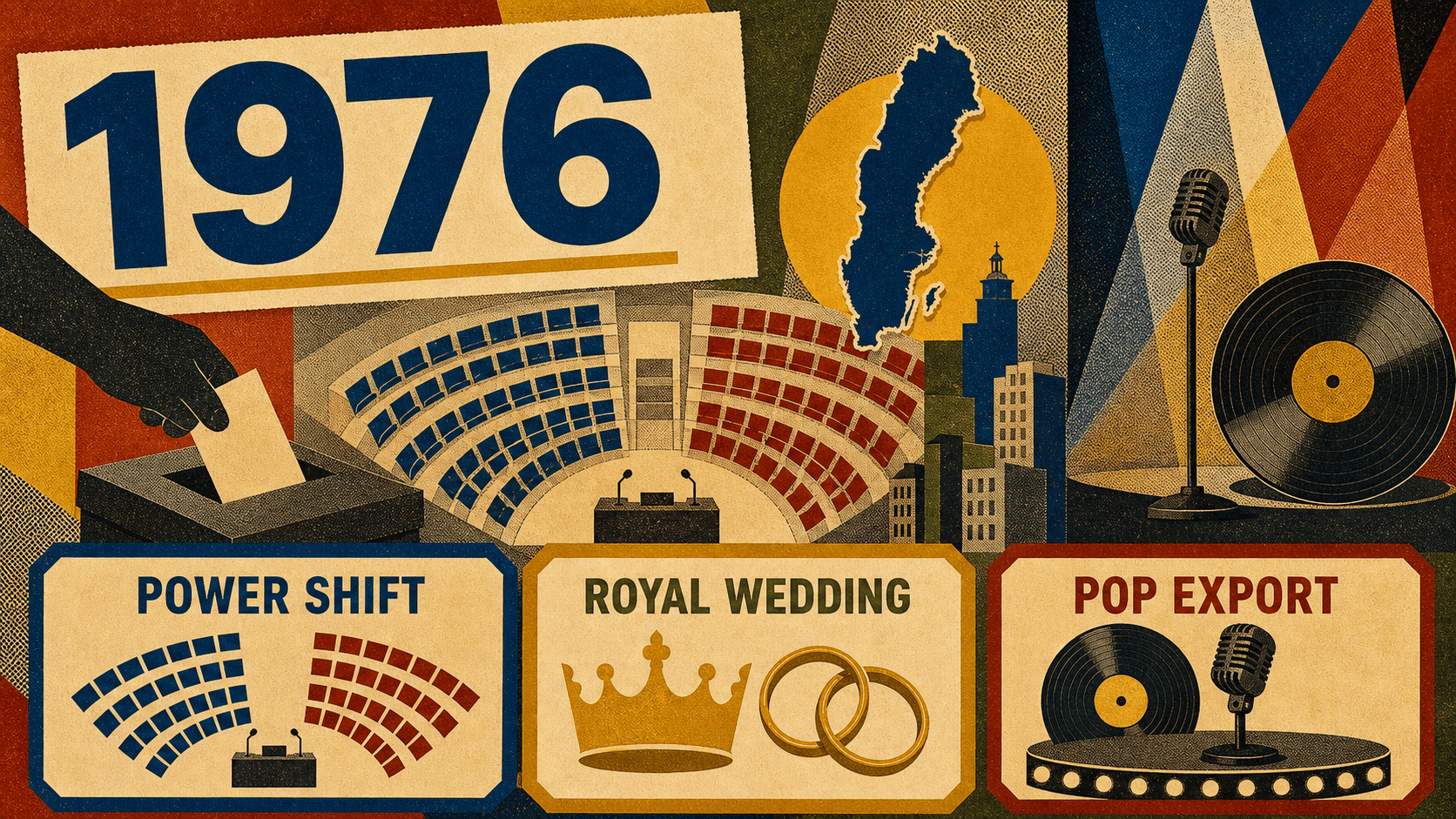 Infographic for Sweden in 1976 with power shift, royal wedding, and pop export symbols.