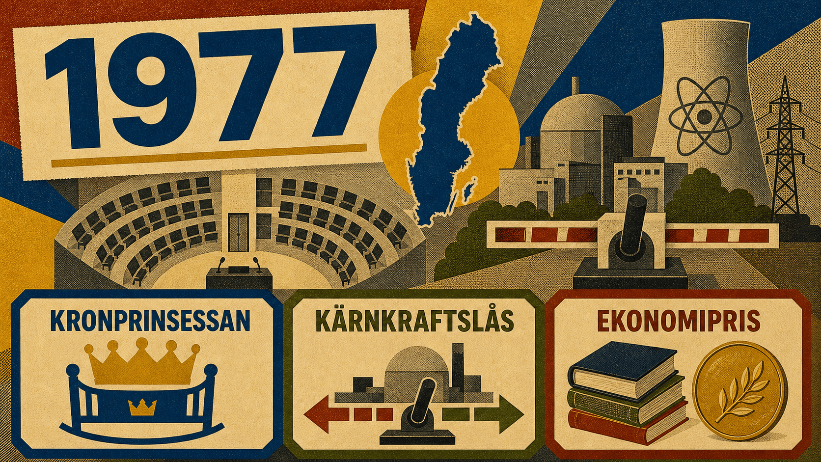 Infografik för Sverige 1977 med symboler för kronprinsessan, kärnkraftslåset och ekonomipriset.