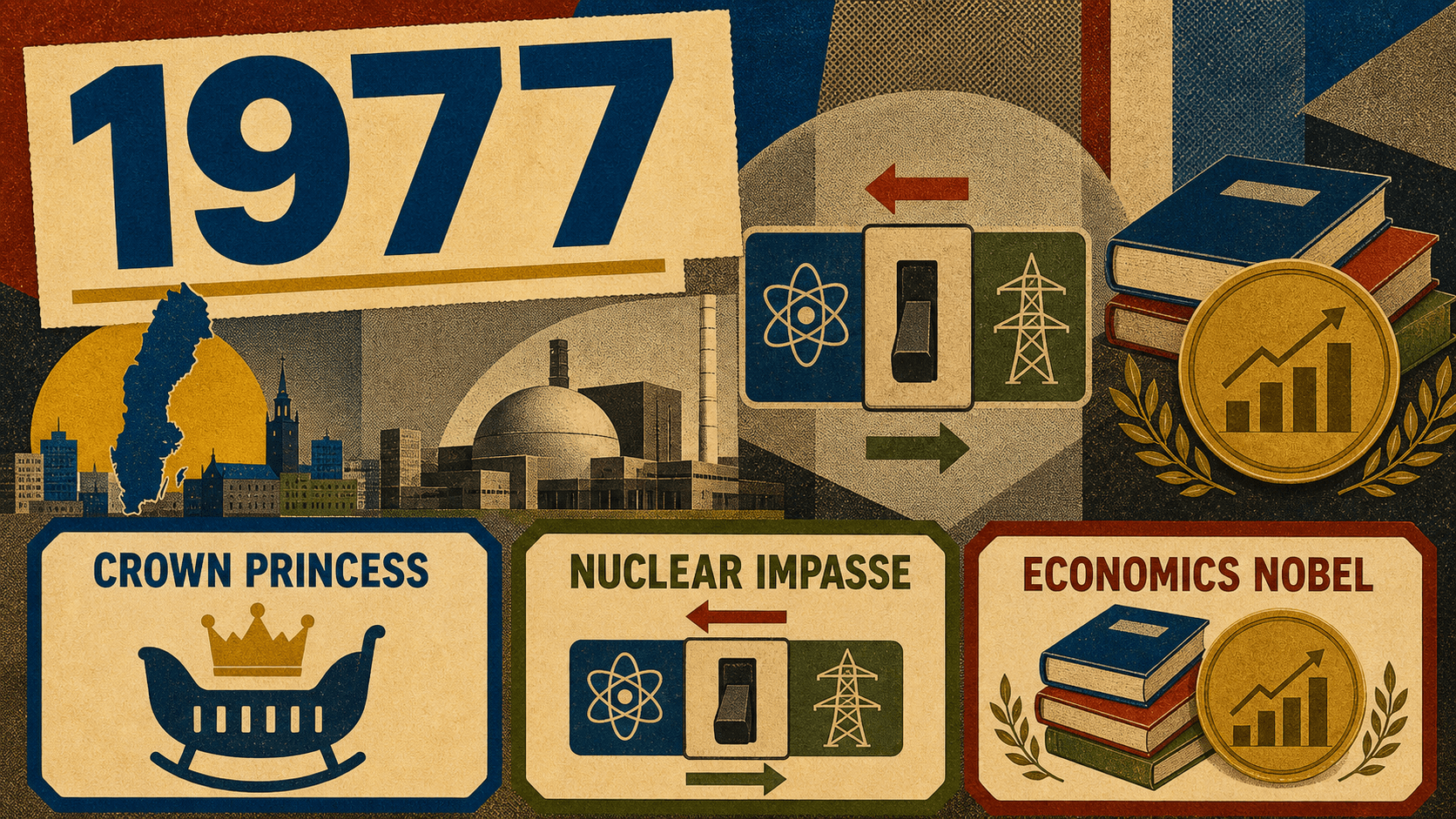 Infographic for Sweden in 1977 with Crown Princess, nuclear impasse, and economics Nobel symbols.