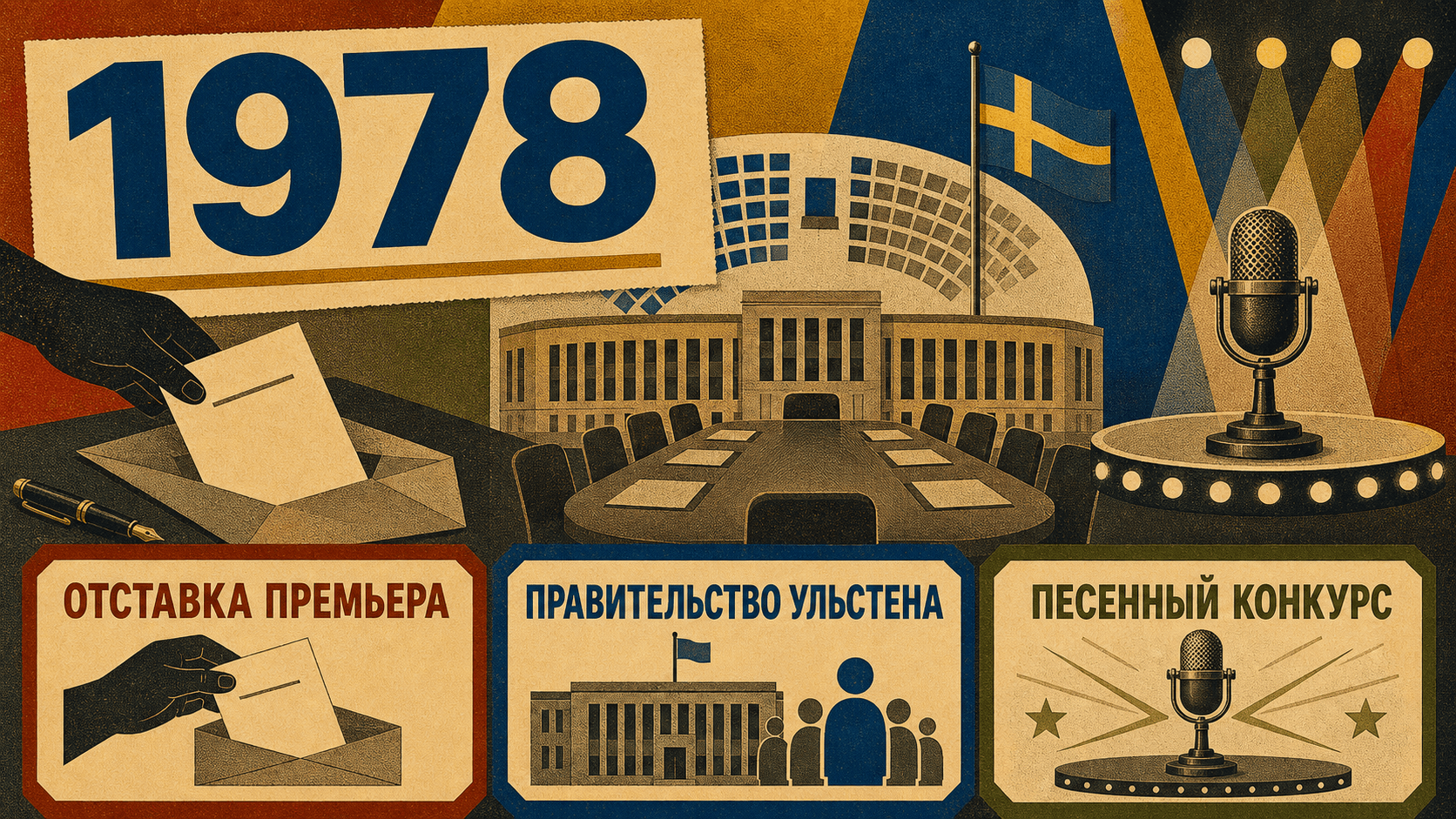 Инфографика о Швеции 1978 года с символами отставки премьера, правительства Улльстена и песенного конкурса.