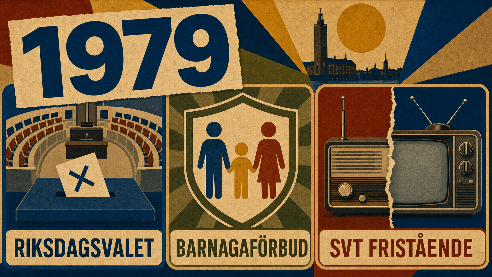 Infografik för Sverige 1979 med symboler för riksdagsvalet, barnagaförbudet och SVT:s friställning.