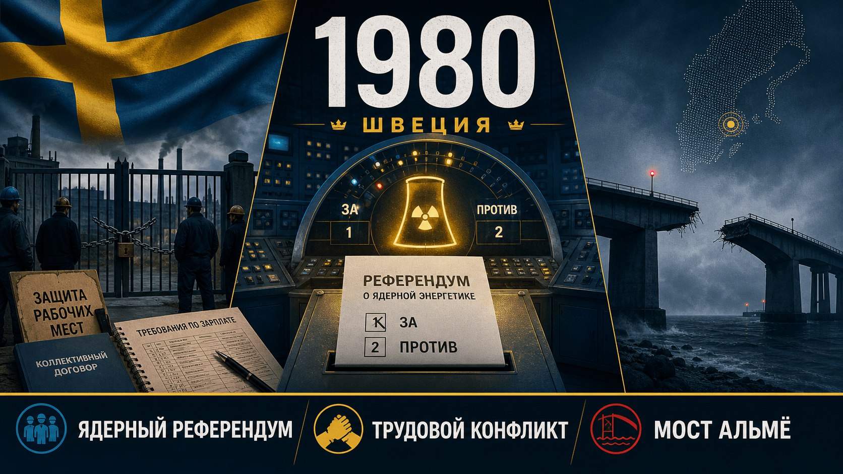 Инфографика о Швеции 1980 года с символами ядерного референдума, трудового конфликта и моста Альмё.