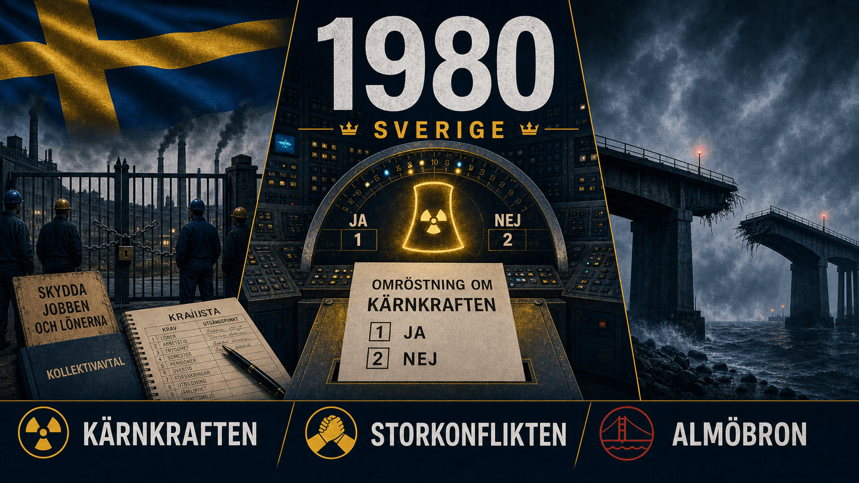 Infografik för Sverige 1980 med kärnkraftsomröstning, arbetsmarknadskonflikt och brokatastrof.