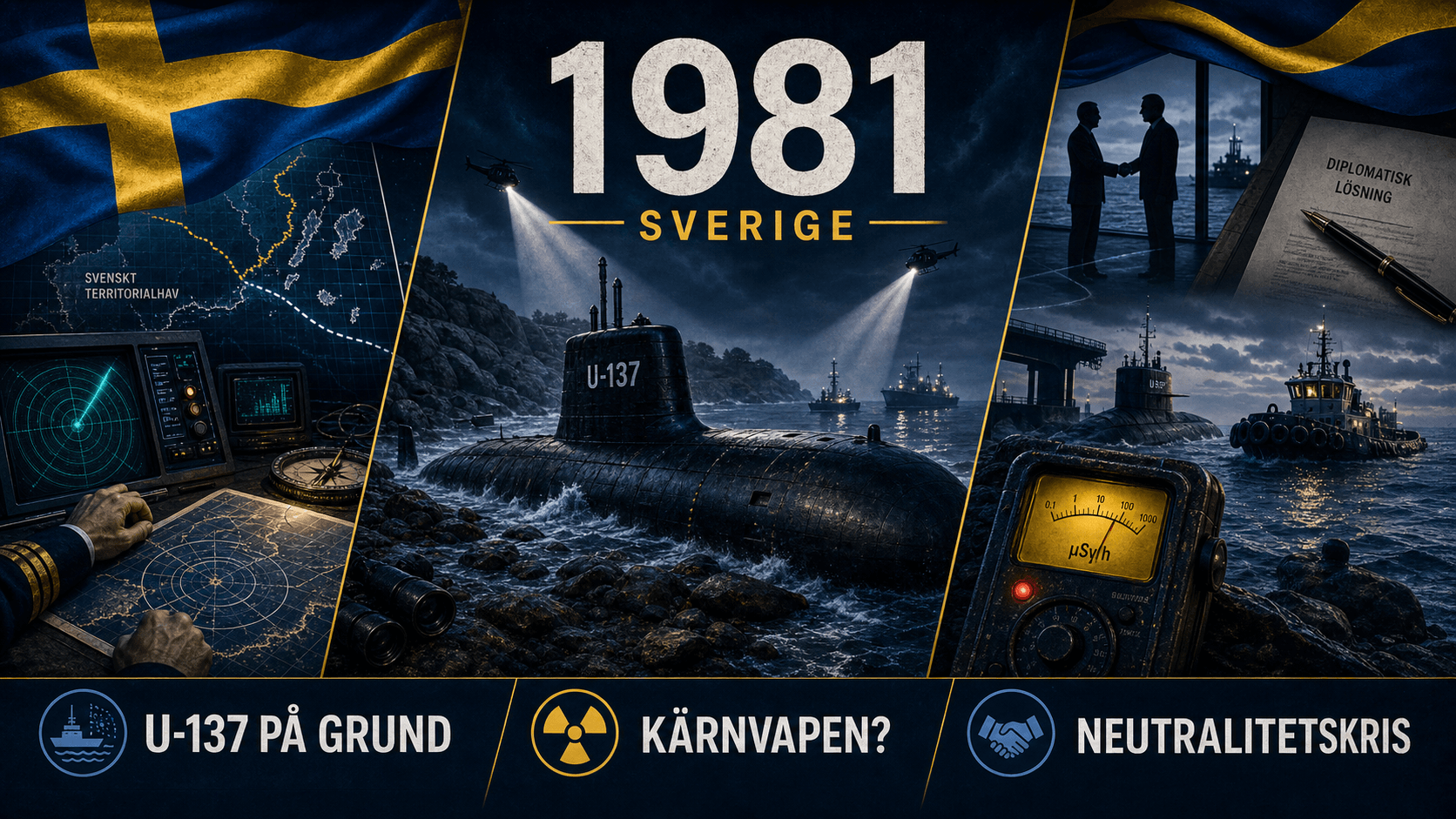 Infografik för Sverige 1981 med ubåt på grund, sonar och kallakrigskris.