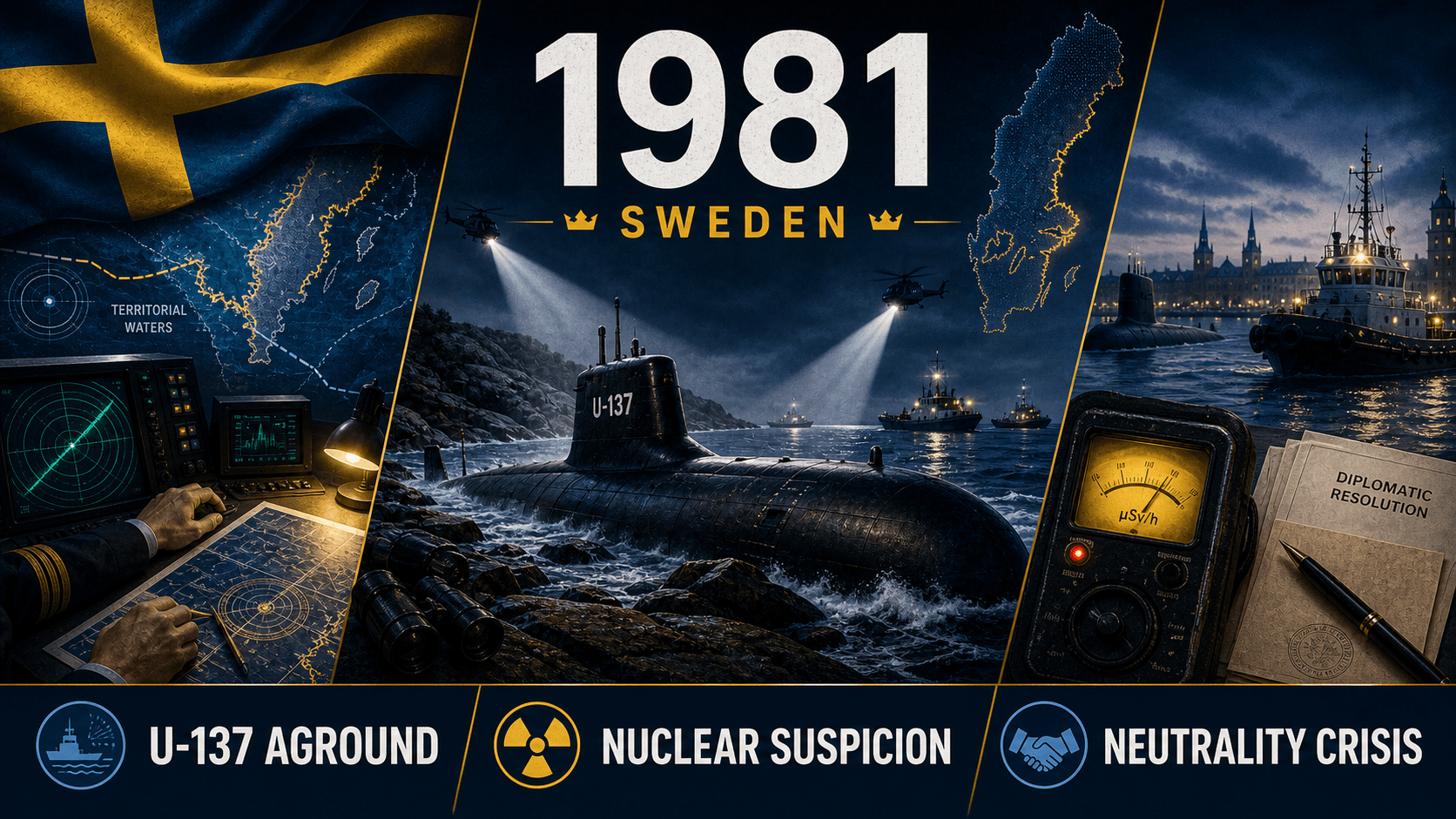 Infographic for Sweden in 1981 with a grounded submarine, sonar, and Cold War crisis symbols.