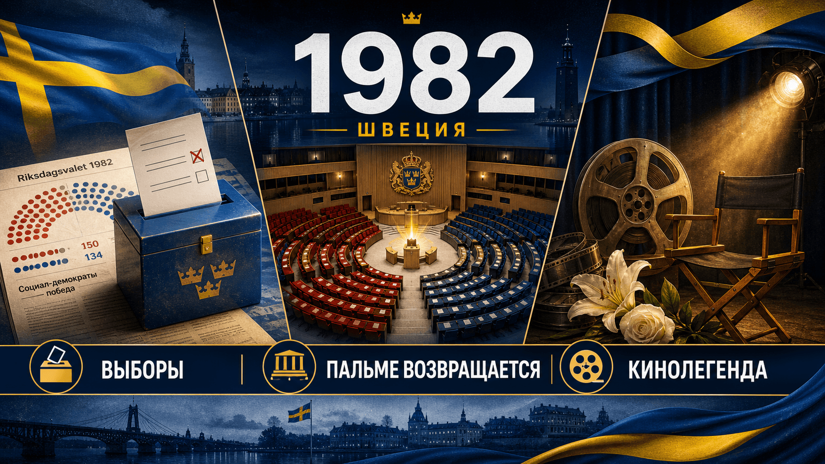 Инфографика о Швеции 1982 года с символами выборов, риксдага и кинопамяти.