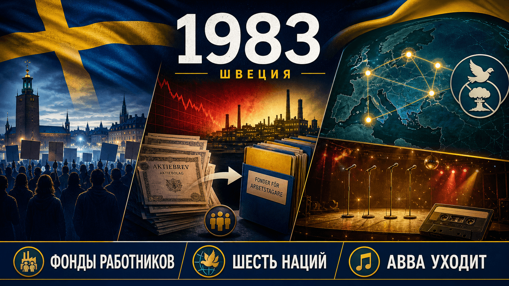 Инфографика о Швеции 1983 года с символами фондов работников, мирной дипломатии и пустой музыкальной сцены.