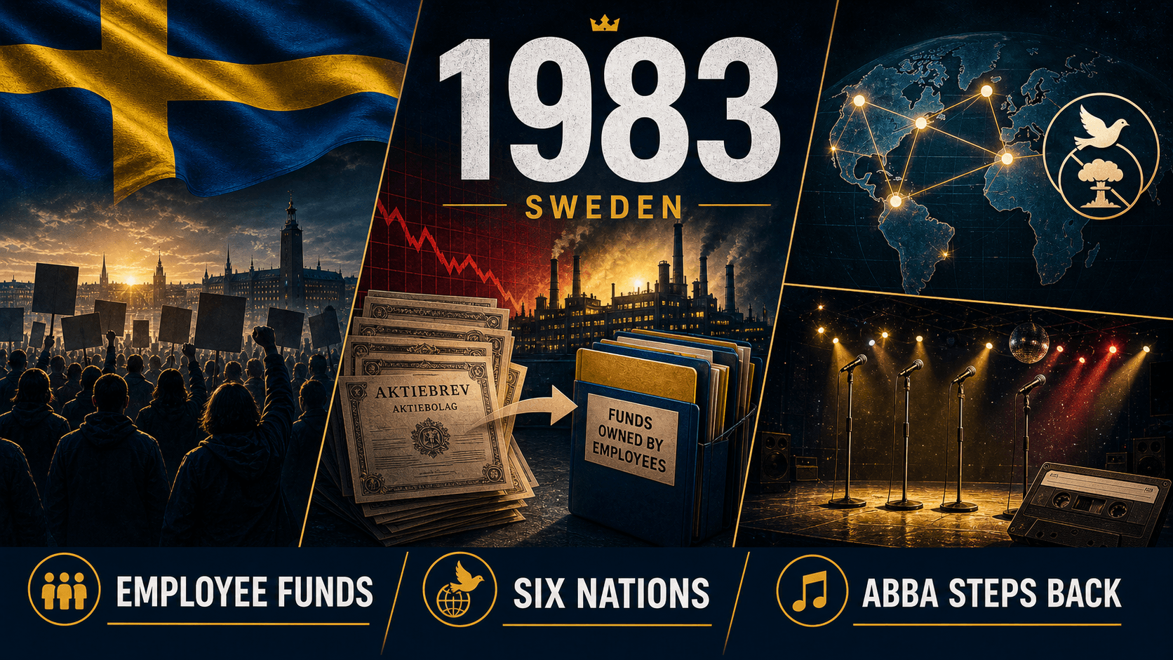 Infographic for Sweden in 1983 with worker funds, peace diplomacy, and empty music stage symbols.