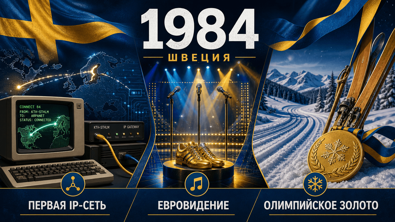 Инфографика о Швеции 1984 года с символами раннего интернета, сцены Евровидения и лыжного золота.