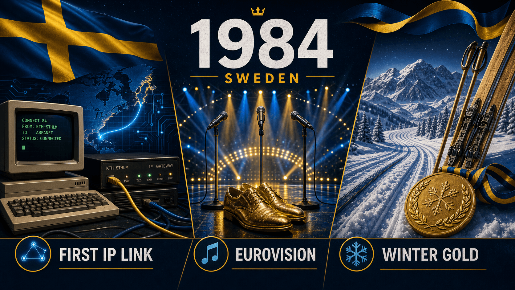 Infographic for Sweden in 1984 with early internet, Eurovision stage, and cross-country skiing symbols.