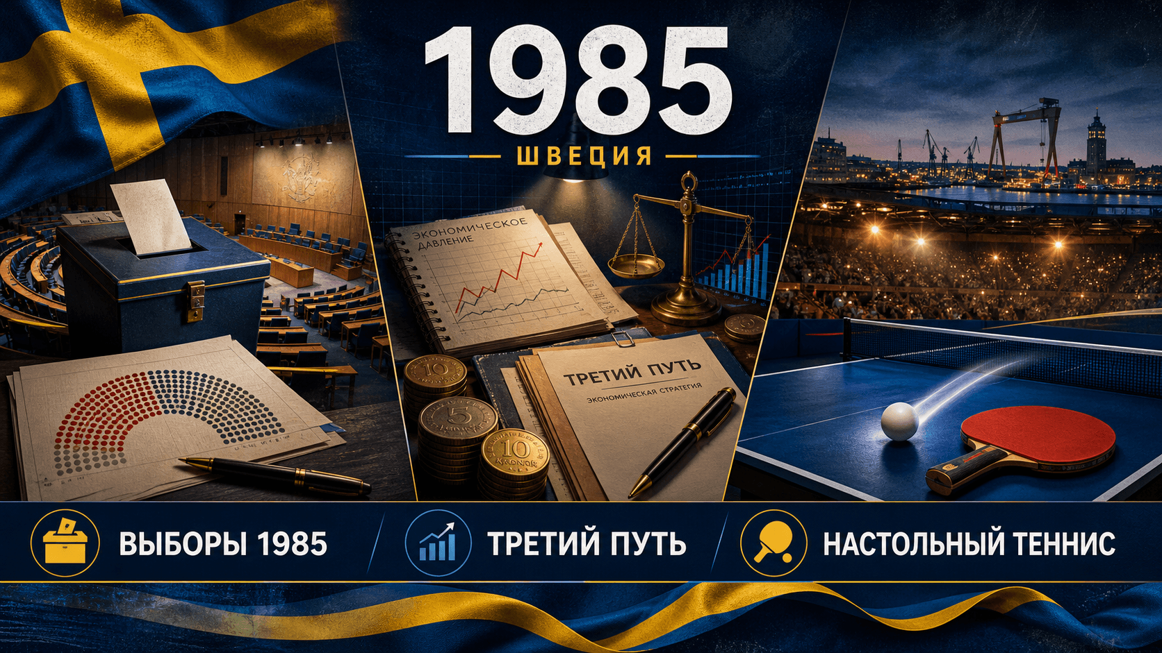 Инфографика о Швеции 1985 года с урной для голосования, экономическим графиком и настольным теннисом.