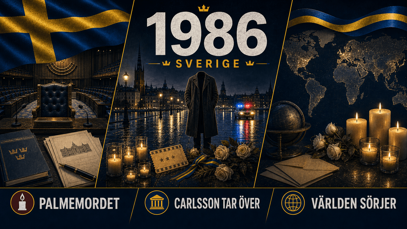 Infografik för Sverige 1986 med minnesgata, riksdag och internationell sorg.