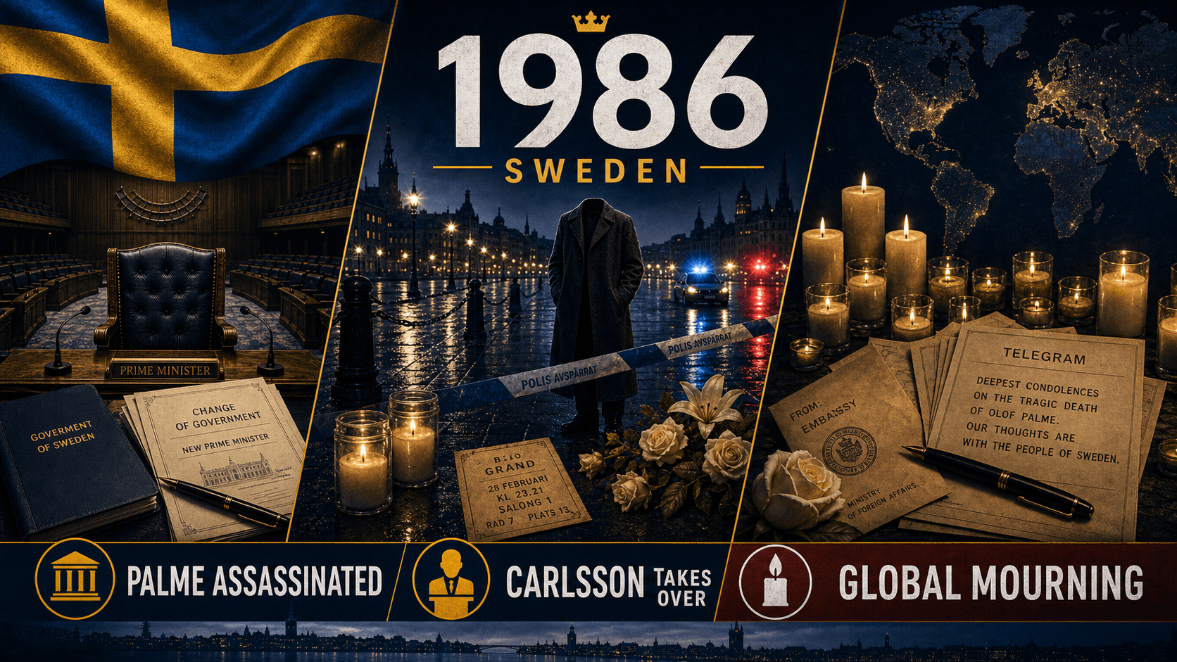Infographic for Sweden in 1986 with memorial street, parliament, and global mourning symbols.