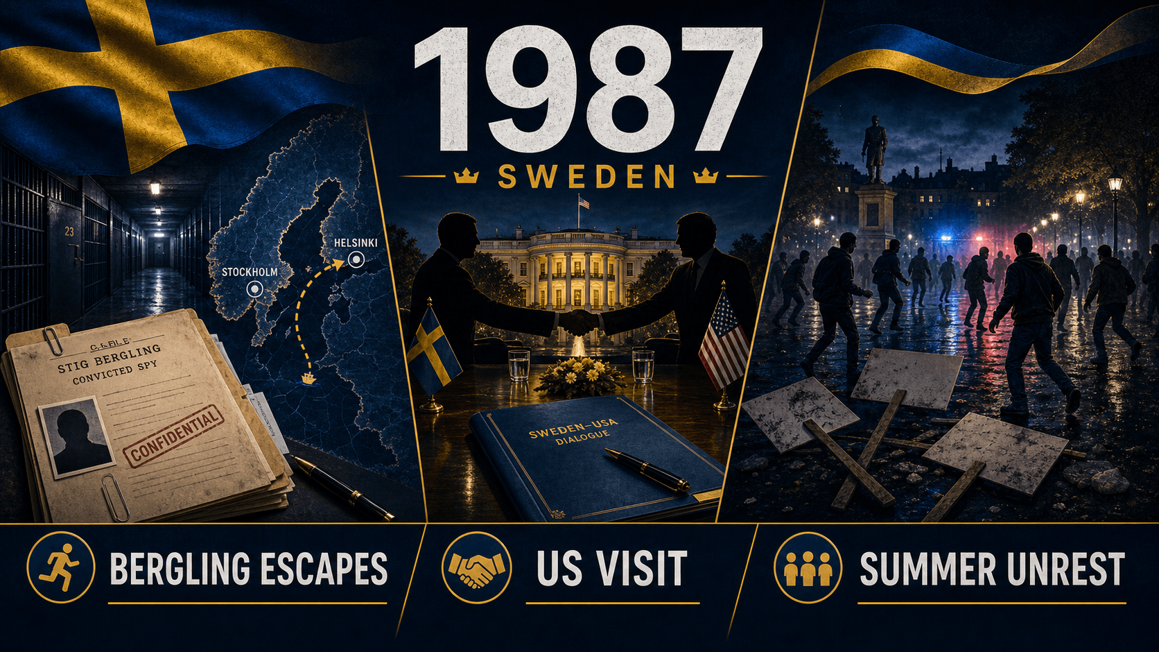Infographic for Sweden in 1987 with prison escape, diplomacy, and youth unrest symbols.