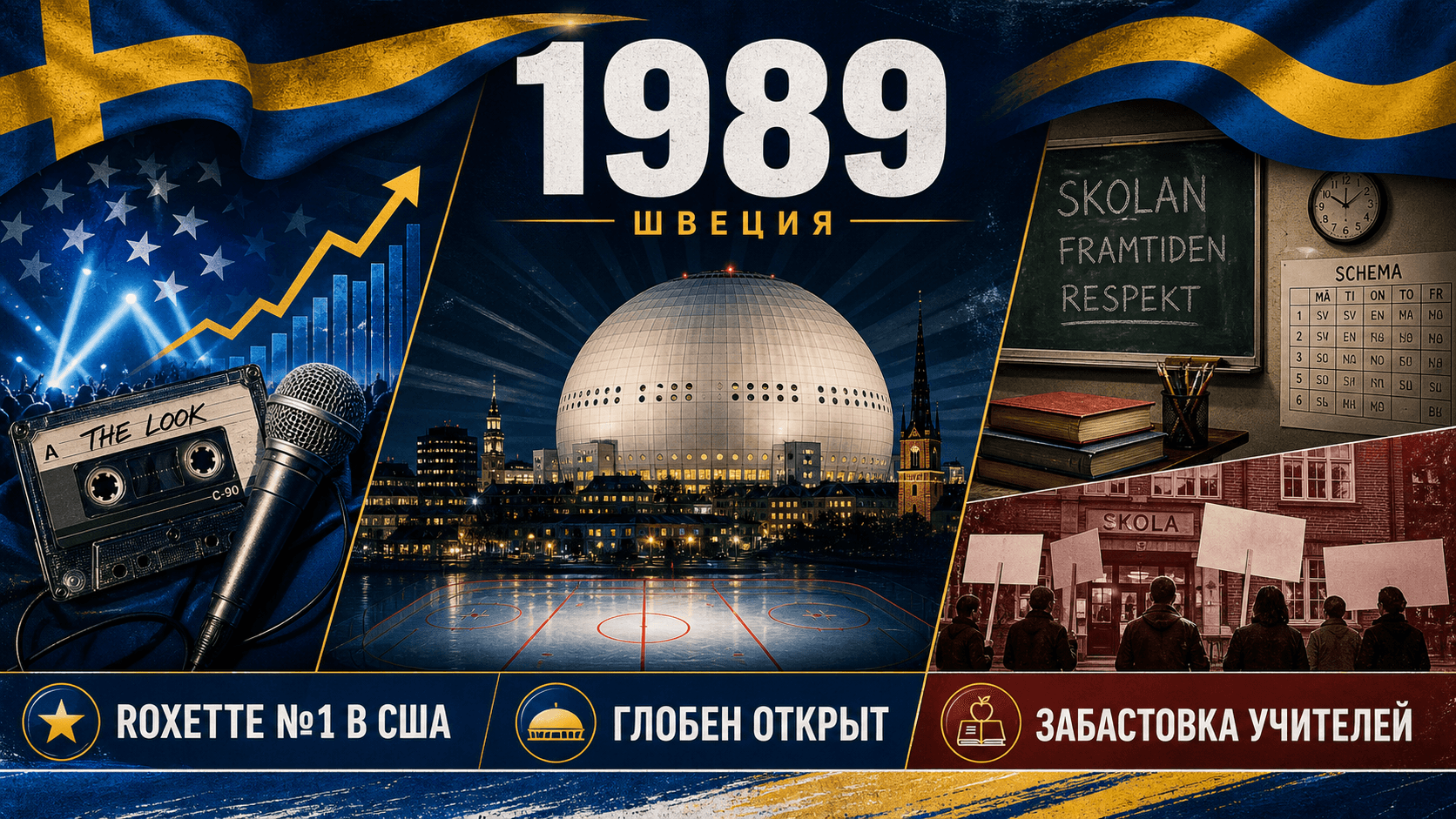 Инфографика о Швеции 1989 года с ареной «Глобен», музыкальным чартом и забастовкой учителей.