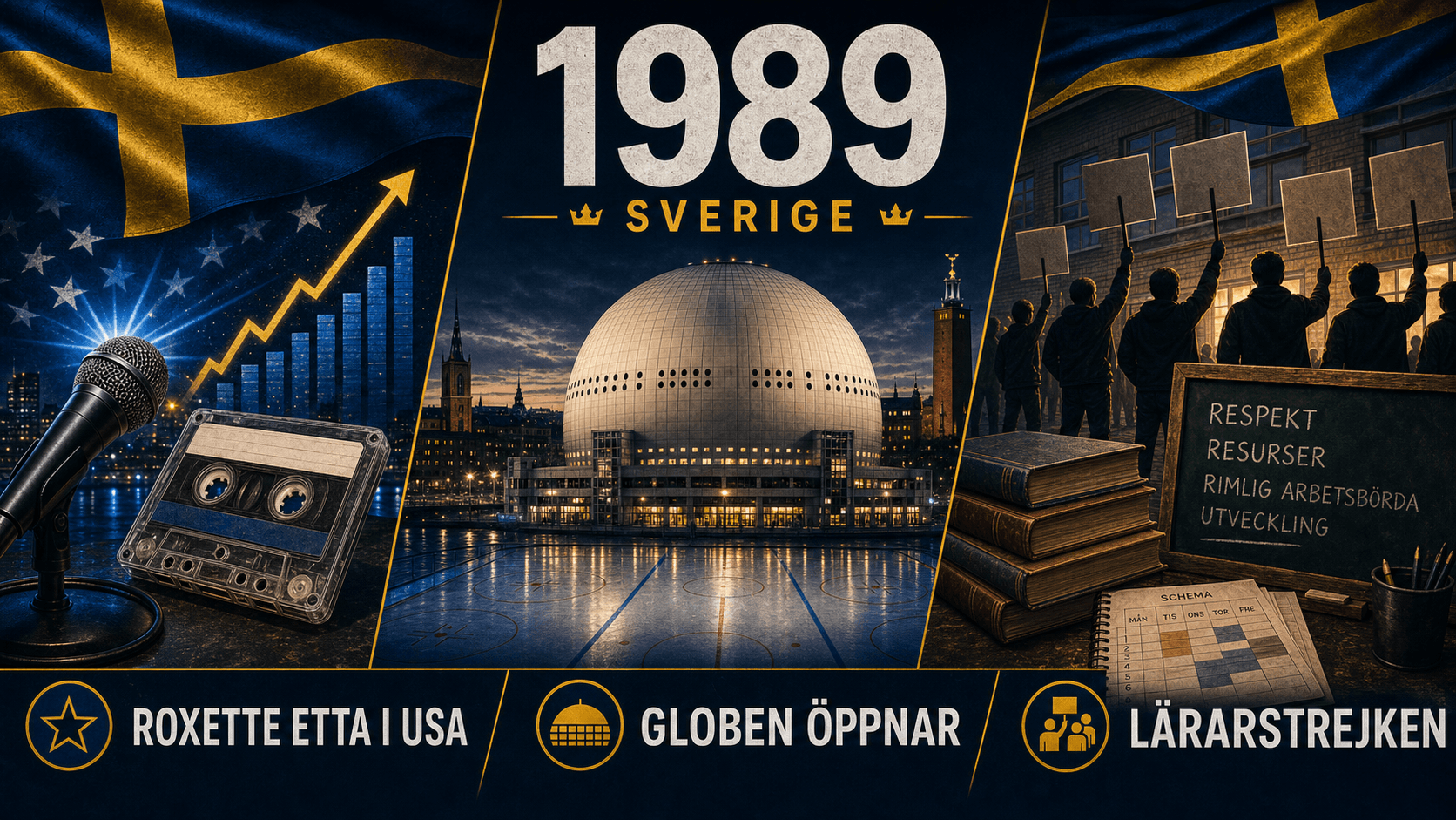 Infografik för Sverige 1989 med Globen, poplisteframgång och lärarstrejk.