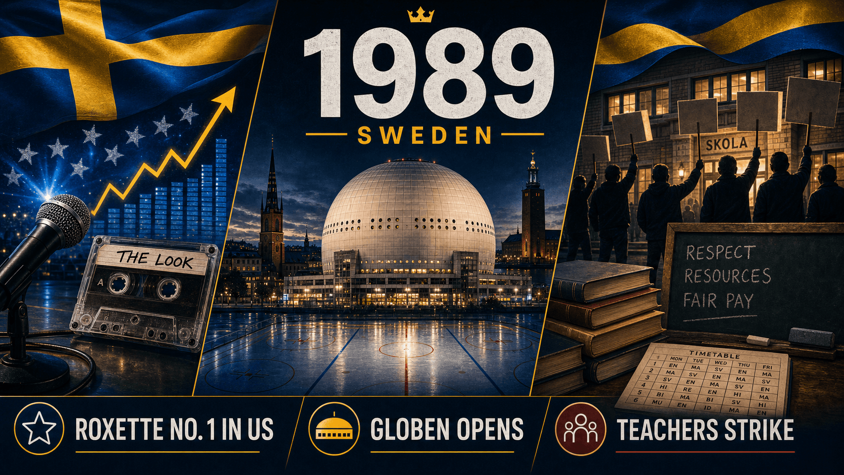 Infographic for Sweden in 1989 with Globen arena, pop chart success, and teachers' strike symbols.