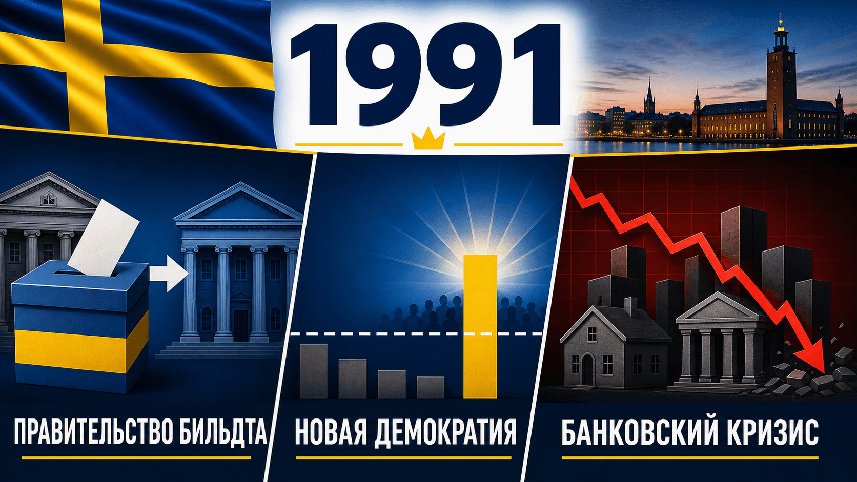 Инфографика о Швеции 1991 года: Выборы и смена власти, Новая демократия в парламенте, Углубление кризиса.