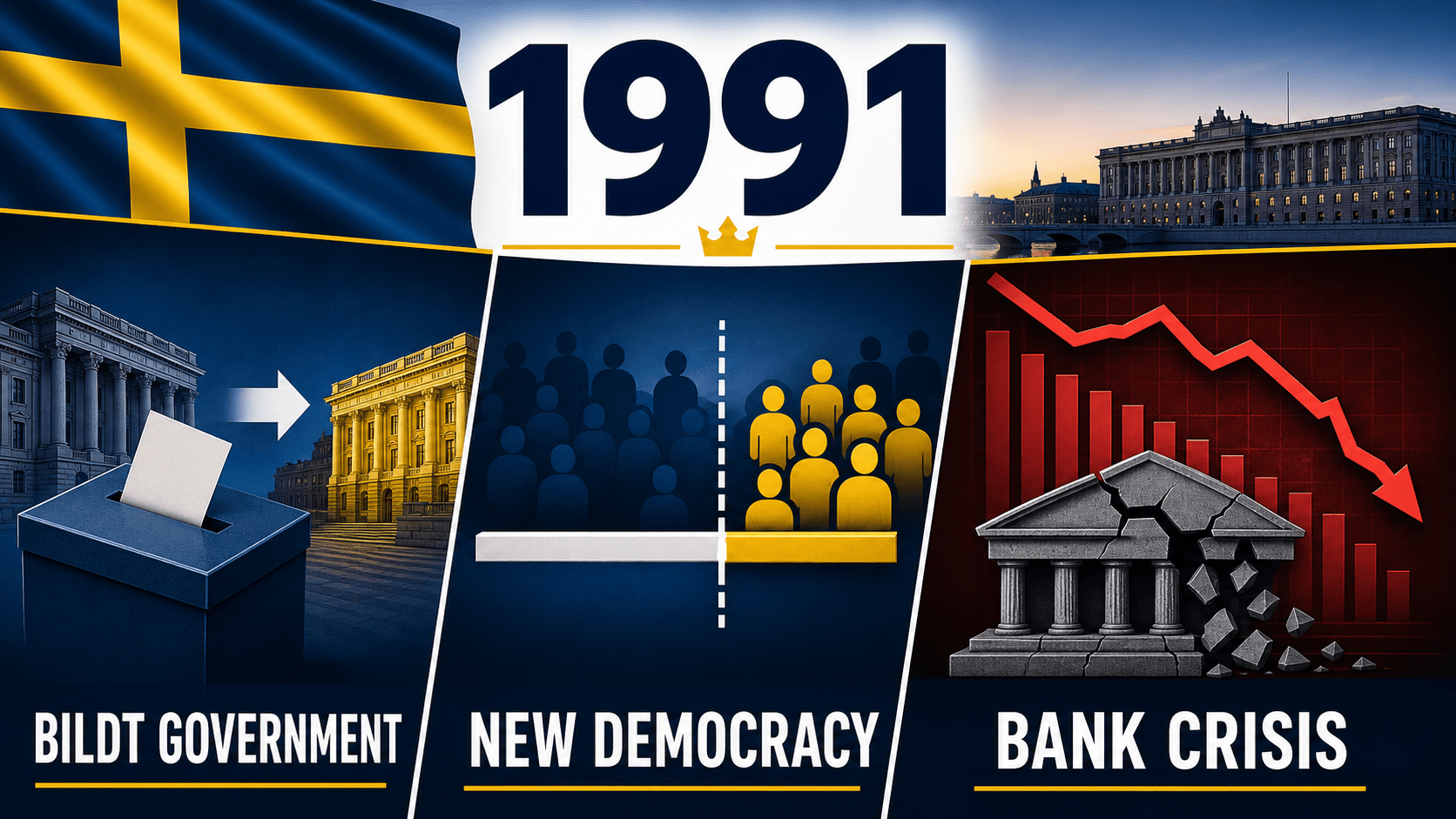 Infographic for Sweden in 1991 summarizing 1991 election, New Democracy enters parliament, Financial crisis deepens.