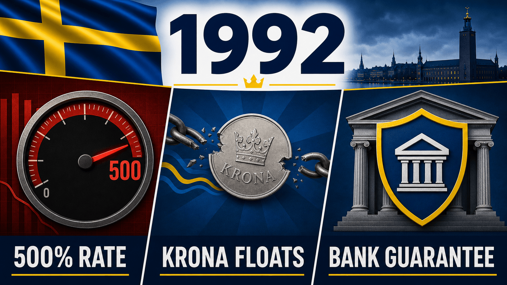 Infographic for Sweden in 1992 summarizing 500% marginal rate, Krona floated, Bank nationalisation.