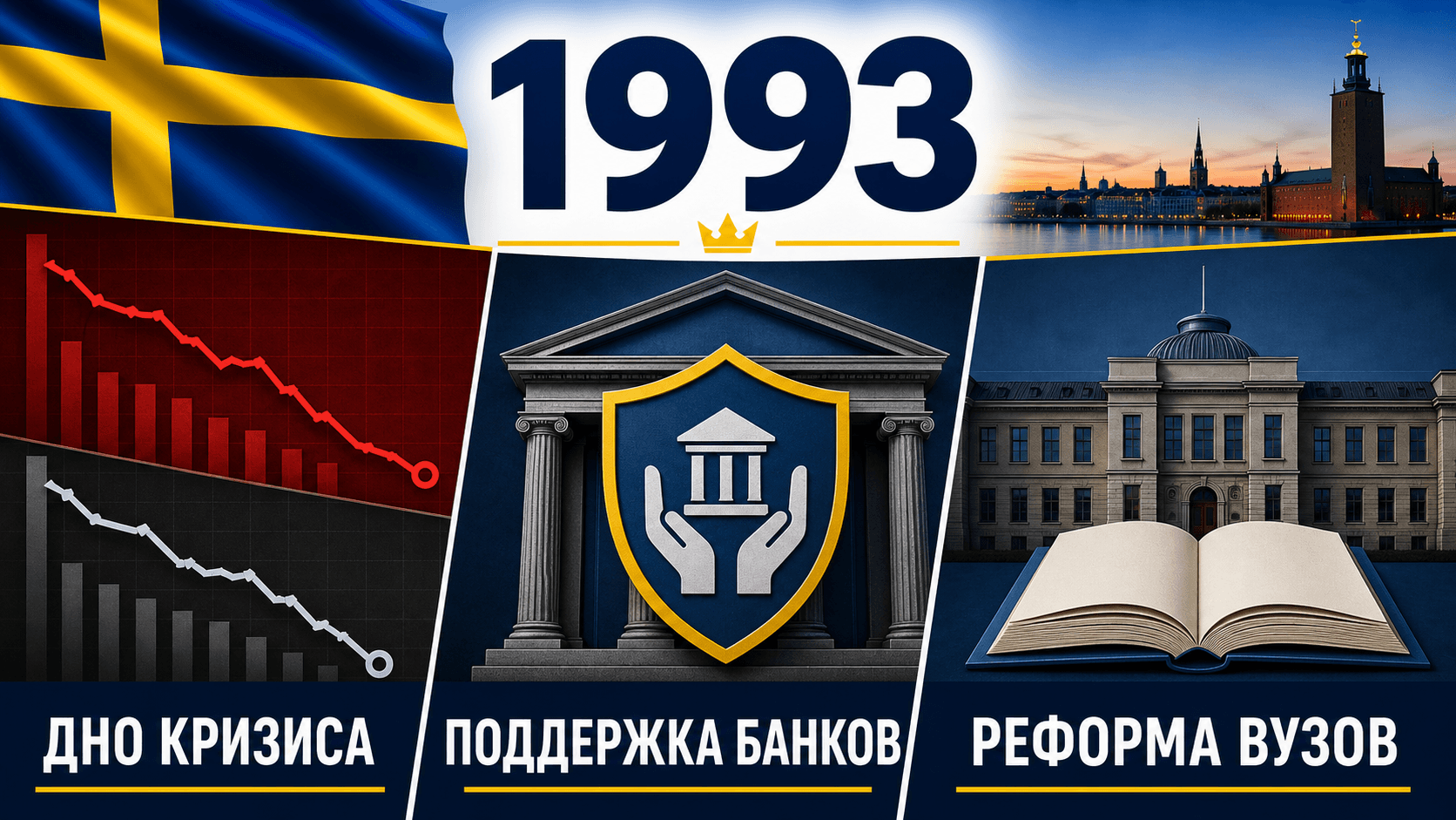 Инфографика о Швеции 1993 года: Пик экономического спада, Государственная помощь банкам, Реформа высшего образования.