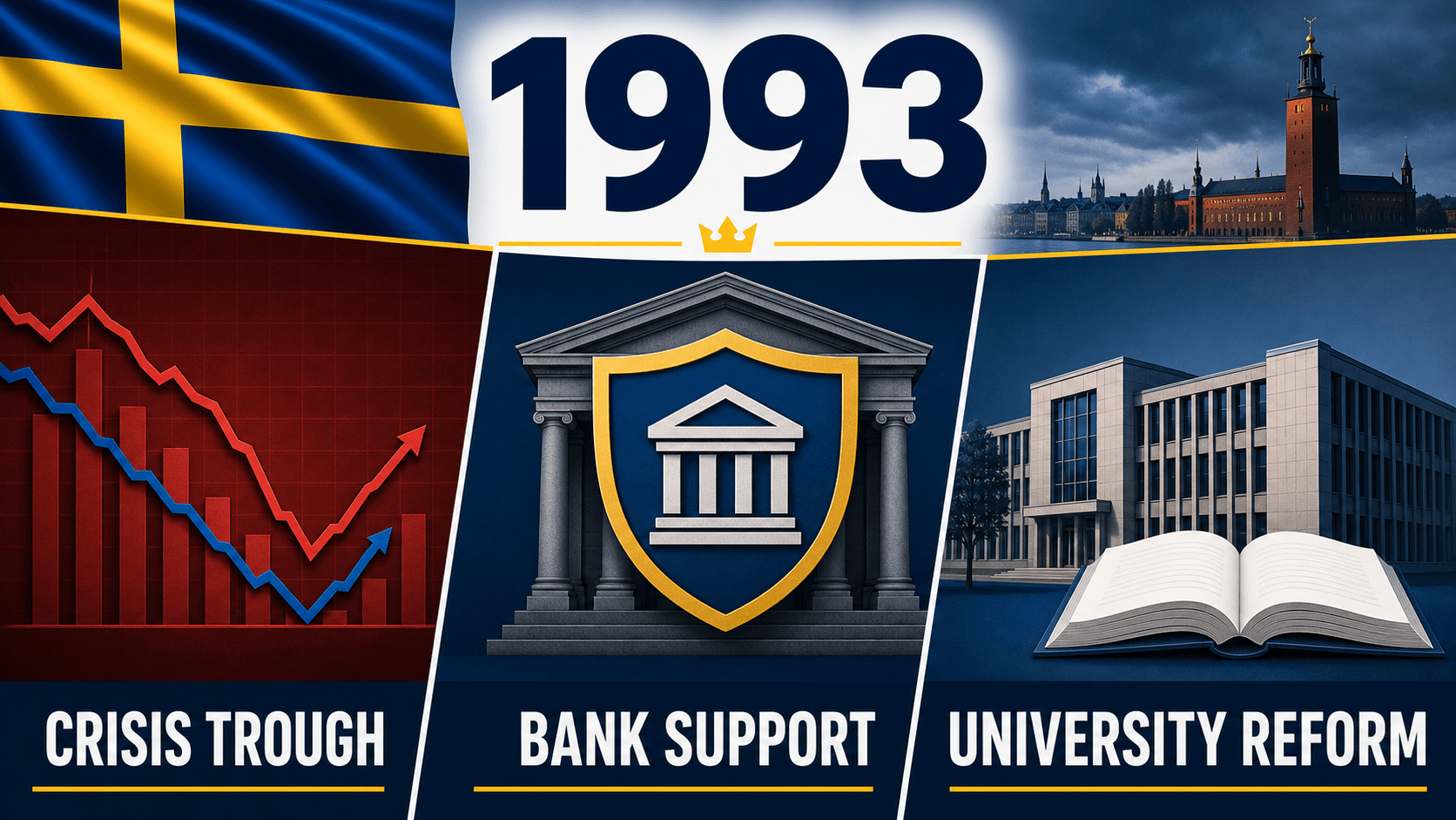 Infographic for Sweden in 1993 summarizing Worst recession since WWII, Bank support board, Higher-education reform.