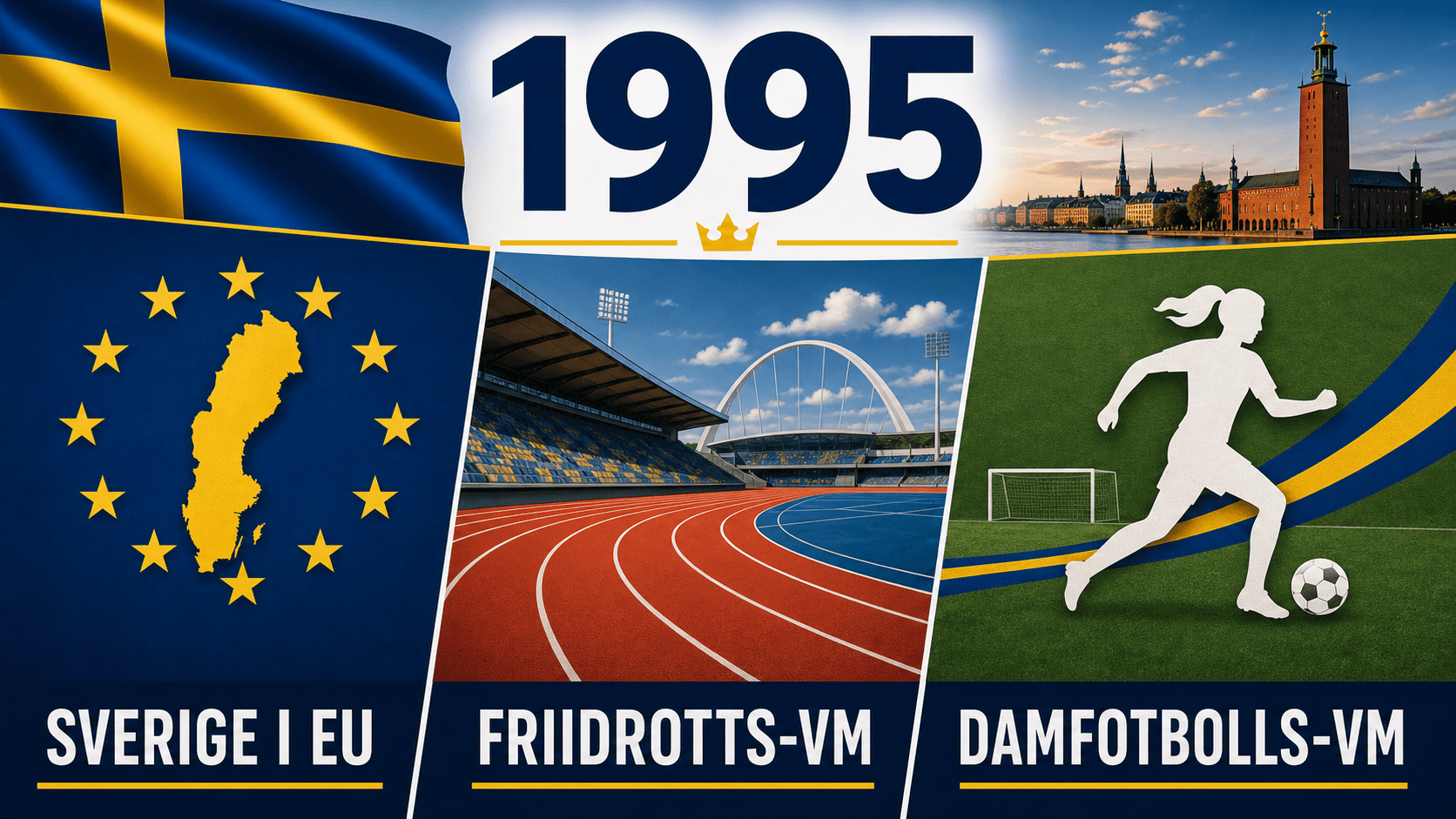 Infografik för Sverige 1995 som sammanfattar EU-inträdet, VM i friidrott, Damfotbolls-VM.