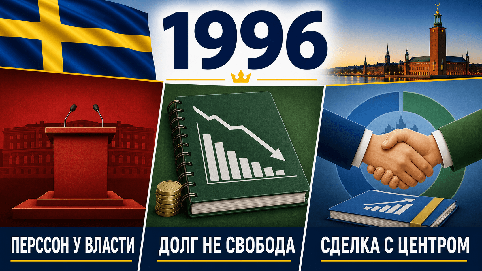 Инфографика о Швеции 1996 года: Перссон — новый премьер, «Кто в долгу — тот не свободен», Сотрудничество с Центристской партией.