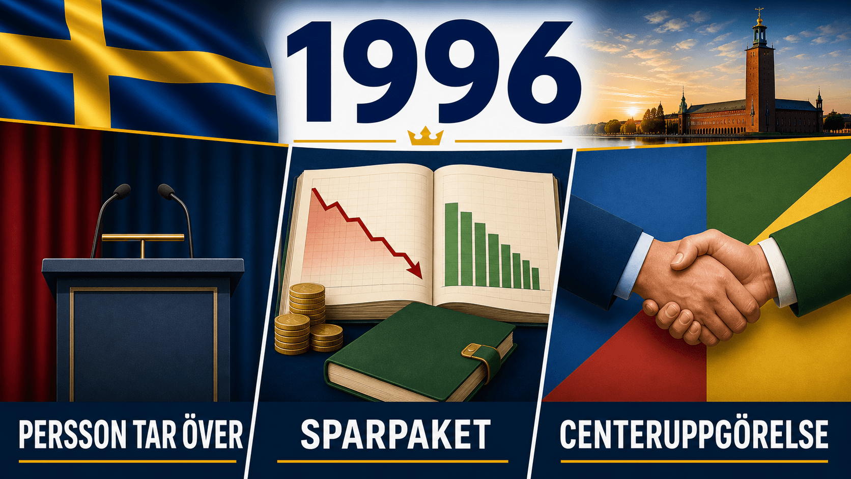 Infografik för Sverige 1996 som sammanfattar Persson blir statsminister, 'Den som är satt i skuld är icke fri', Centerpartistöd.