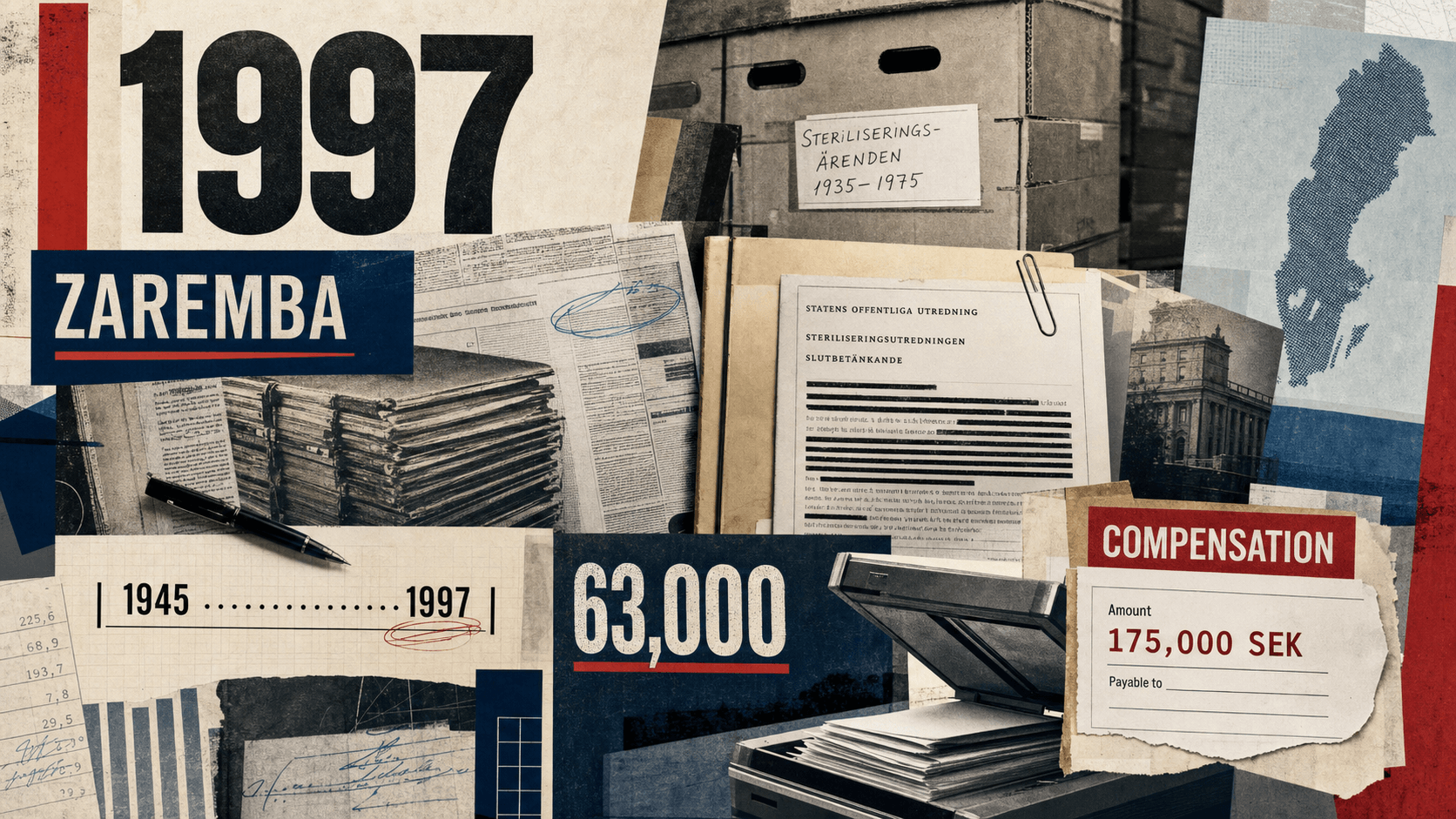 Infographic for Sweden in 1997 summarizing Zaremba investigation, State inquiry, Compensation path.