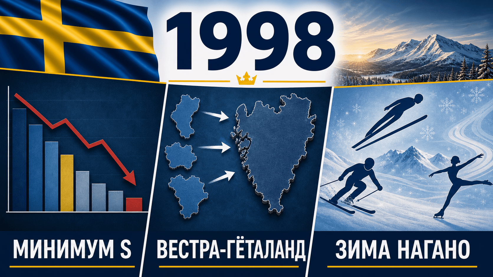 Инфографика о Швеции 1998 года: Выборы в риксдаг, Образование лена Вестра-Гёталанд, Зимняя Олимпиада в Нагано.