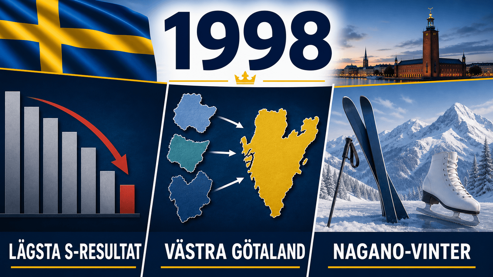 Infografik för Sverige 1998 som sammanfattar Riksdagsval, Västra Götalands län bildat, Vinter-OS i Nagano.