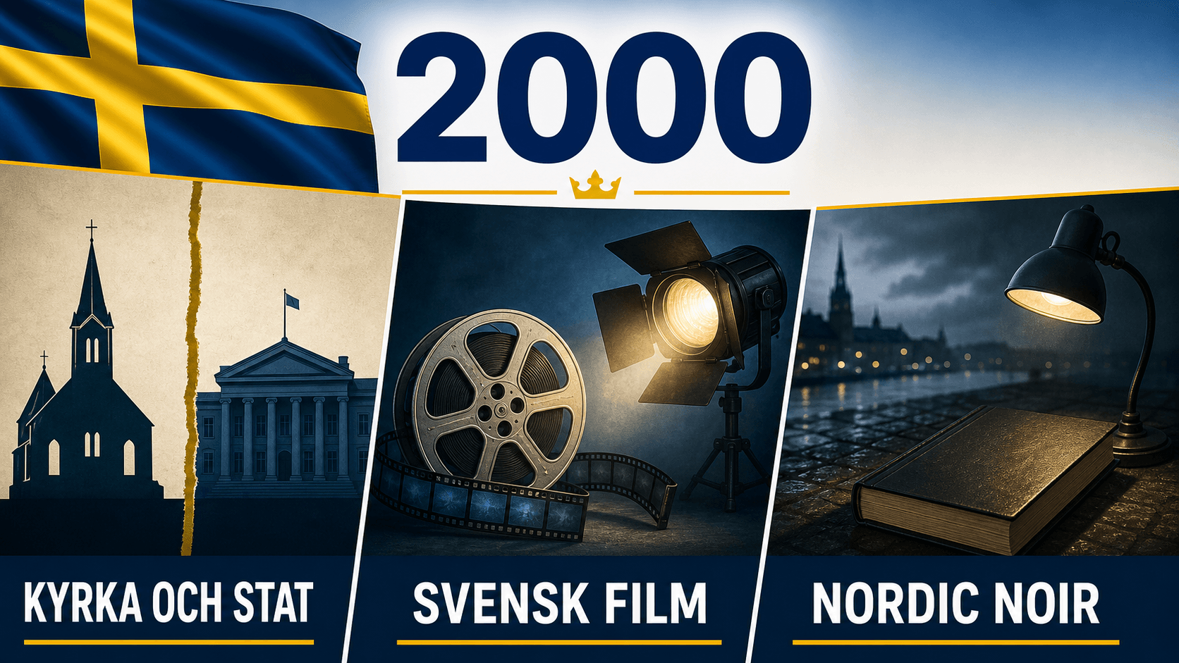 Infografik för Sverige 2000 som sammanfattar Kyrka–statskillnad, Film och kultur, Nordisk deckarrenässans.