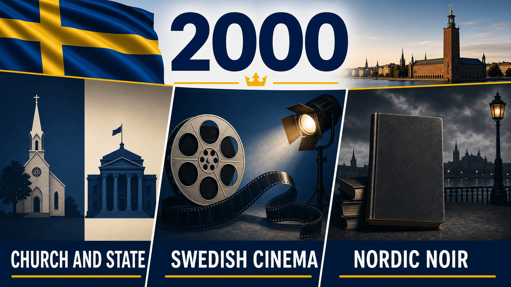 Infographic for Sweden in 2000 summarizing Church disestablishment, Film and culture, Nordic noir momentum.