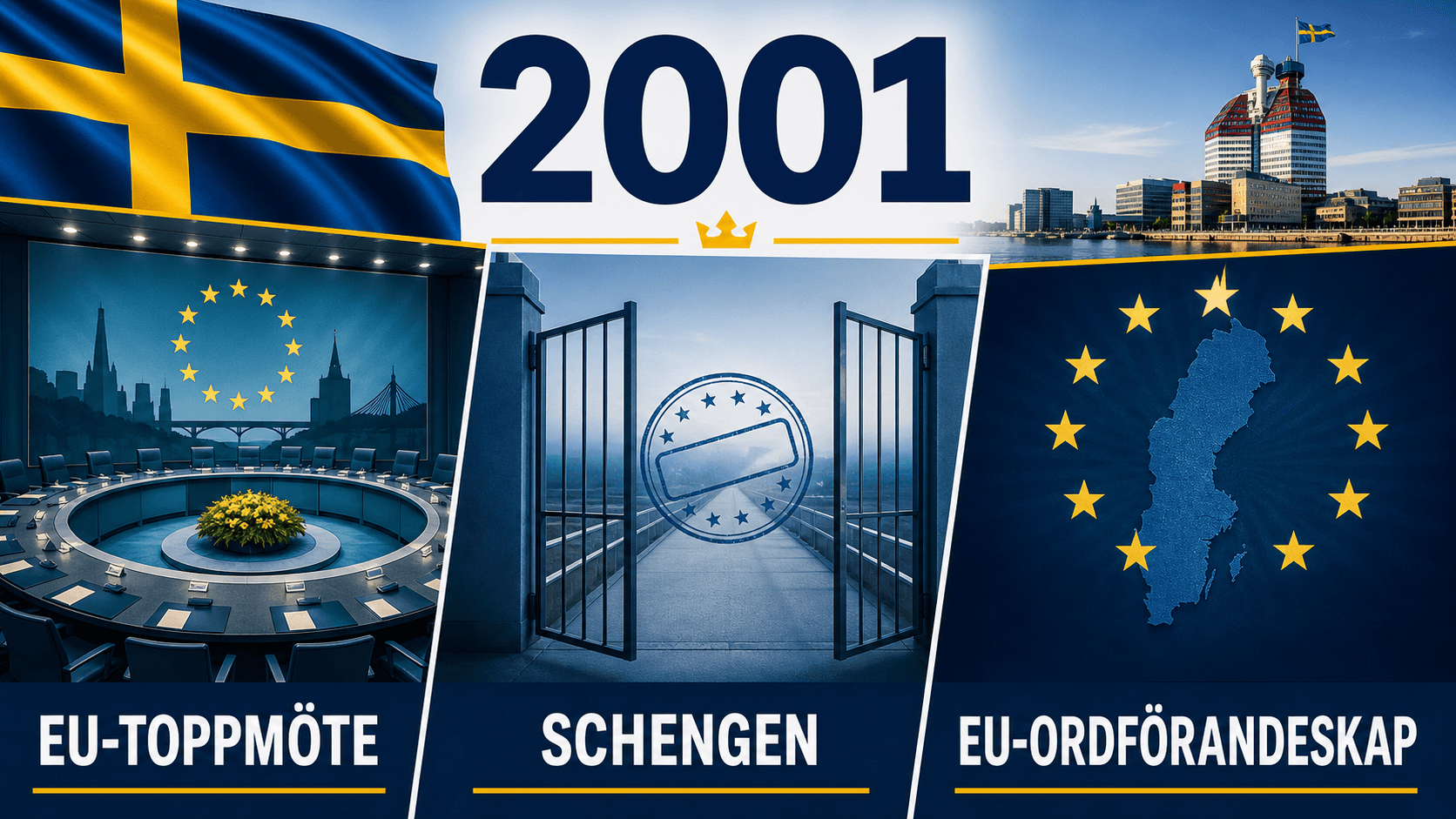 Infografik för Sverige 2001 som sammanfattar Göteborgskravallerna, Schengenanslutning, EU-ordförandeskapet.