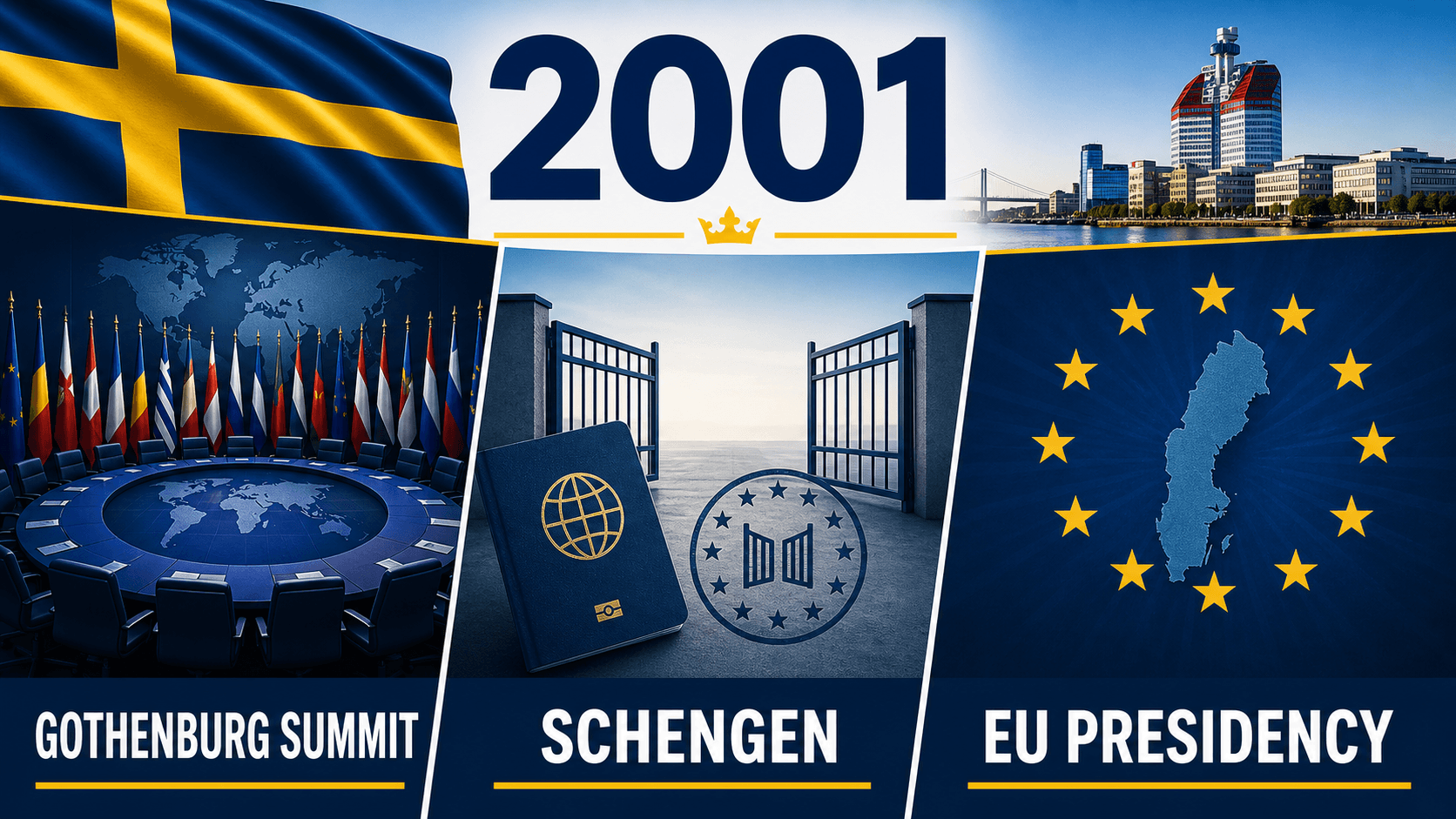 Infographic for Sweden in 2001 summarizing Gothenburg riots, Schengen accession, EU Council presidency.