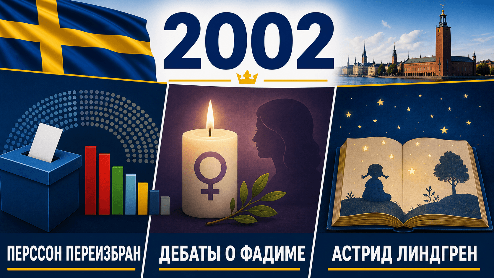 Инфографика о Швеции 2002 года: Победа социал-демократов, Убийство Фадиме Сахиндал, Смерть Астрид Линдгрен.