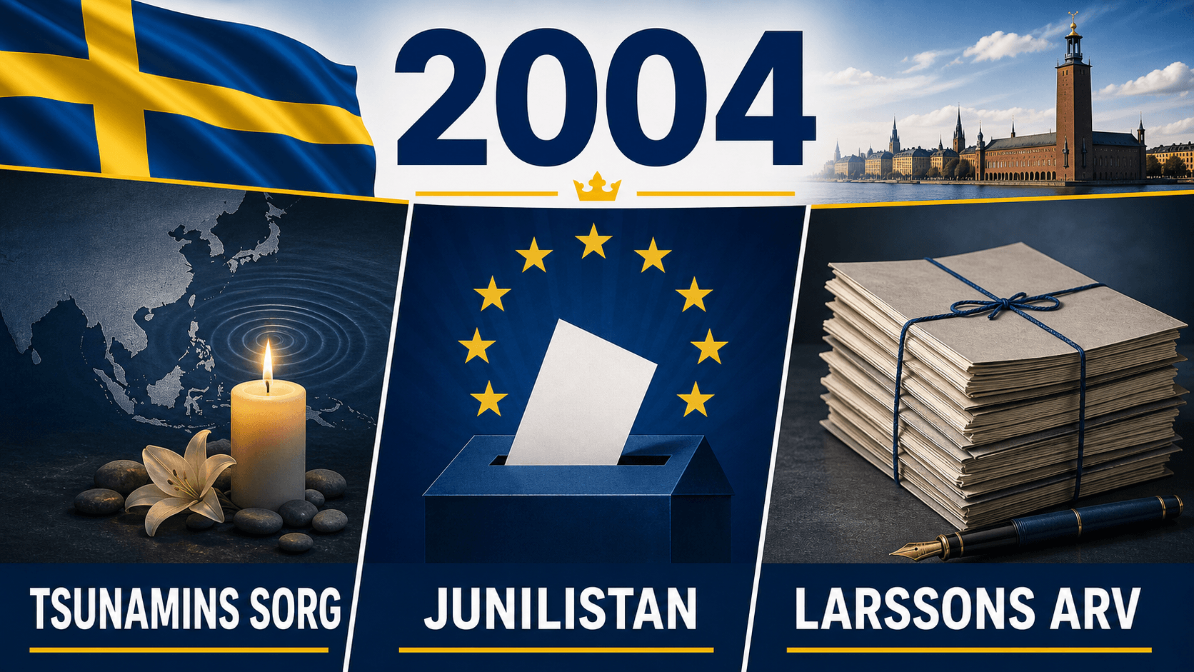 Infografik för Sverige 2004 som sammanfattar Tsunamikatastrofen, EU-parlamentsvalet, Stieg Larsson dör.