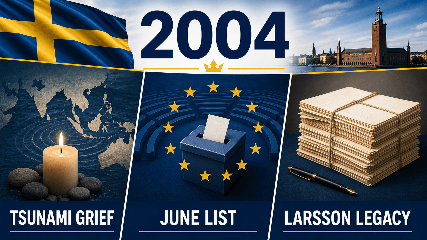 Infographic for Sweden in 2004 summarizing 2004 tsunami, European Parliament elections, Death of Stieg Larsson.