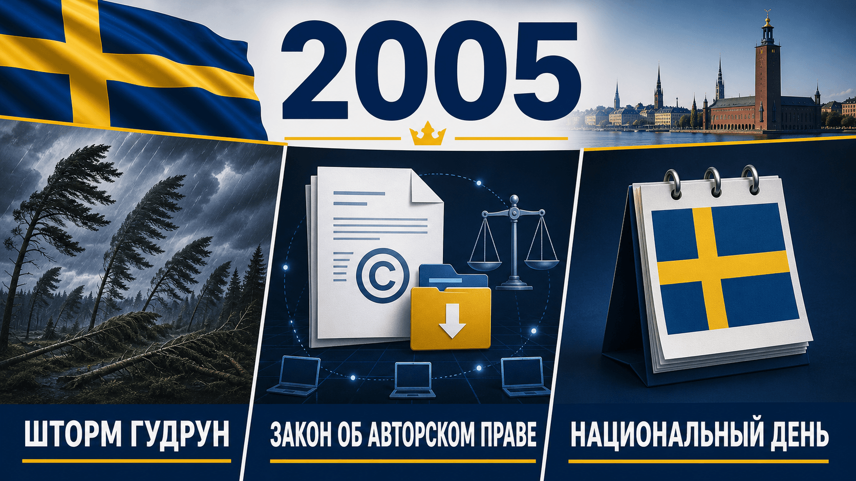Инфографика о Швеции 2005 года: Ураган «Гудрун», Новый закон об авторском праве, Национальный праздник.
