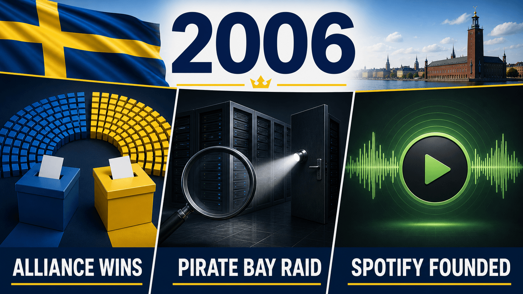 Infographic for Sweden in 2006 summarizing Election and government change, Pirate Bay raid, Spotify incorporated.