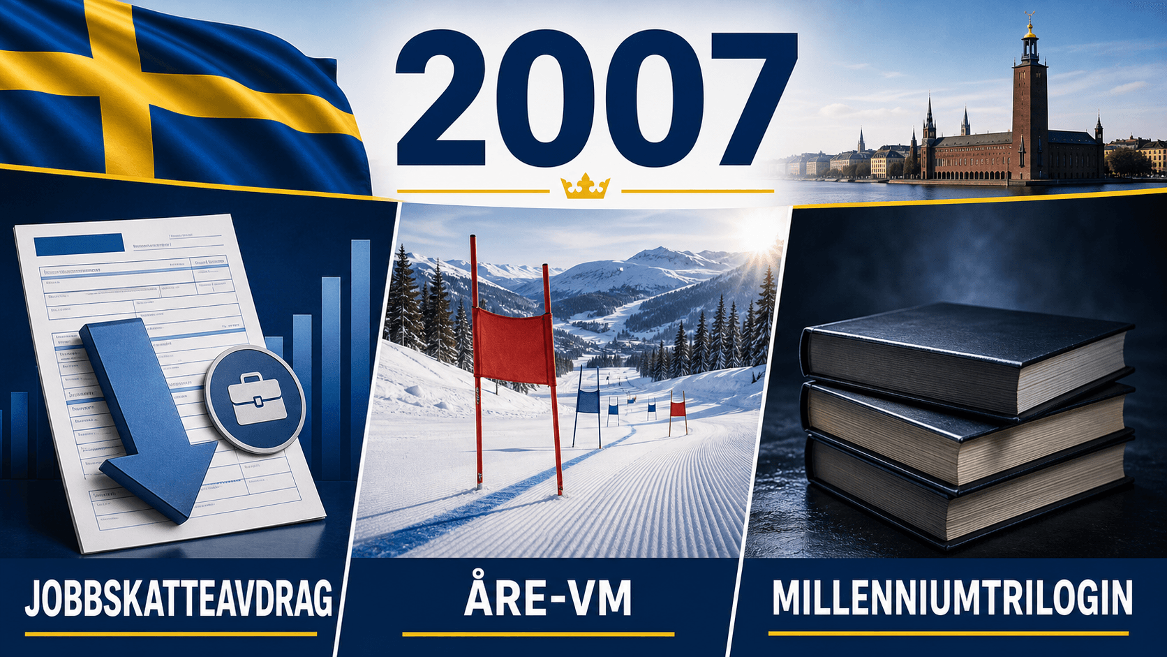 Infografik för Sverige 2007 med skattereform, Åre-VM och tre kriminalromaner.