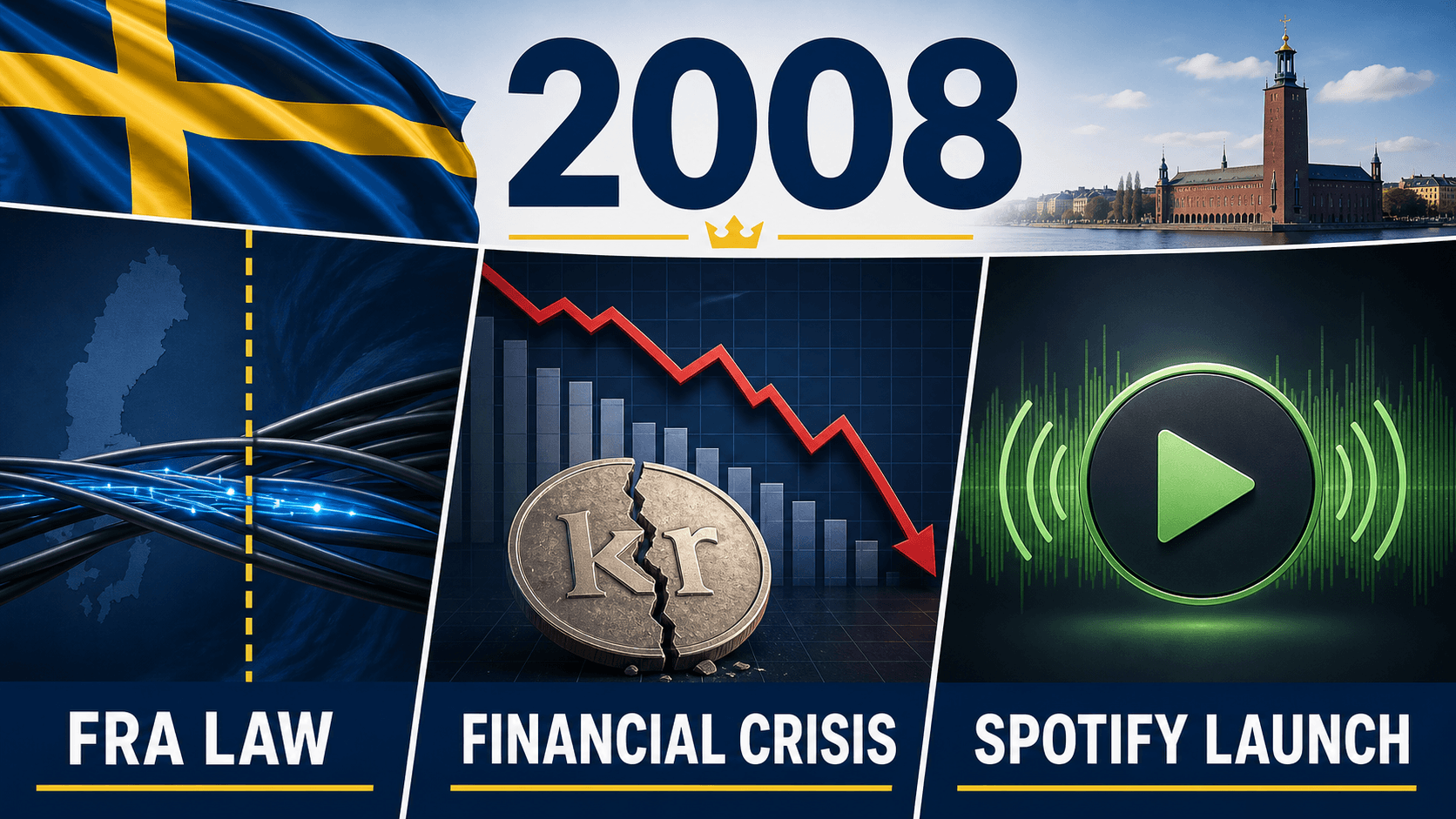 Infographic for Sweden in 2008 with signal cables, financial crisis symbols, and generic music streaming.