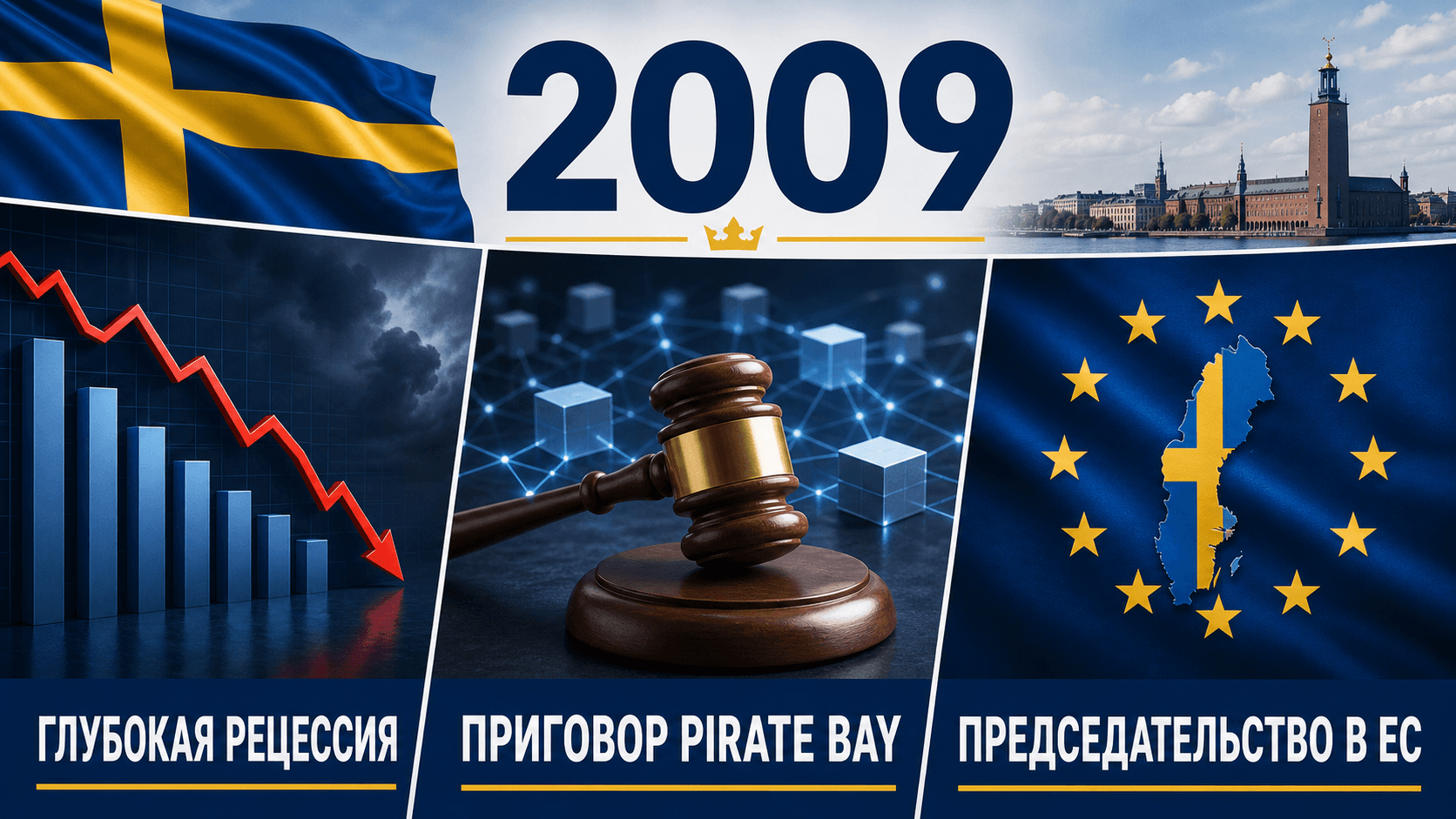 Инфографика о Швеции 2009 года с падающим графиком, символами суда и звёздами председательства в ЕС.