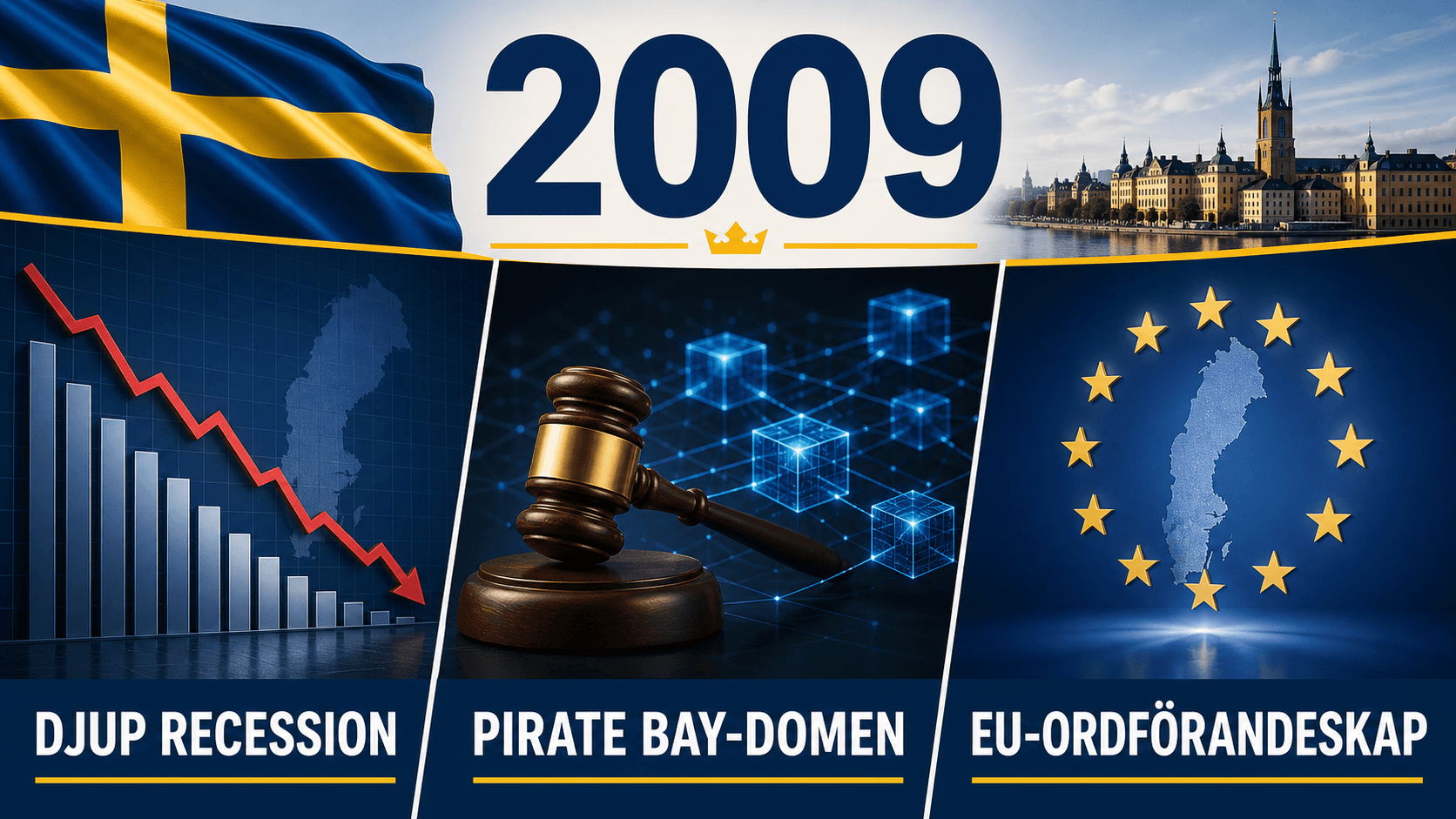 Infografik för Sverige 2009 med fallande diagram, domstolssymboler och EU-ordförandeskapsstjärnor.