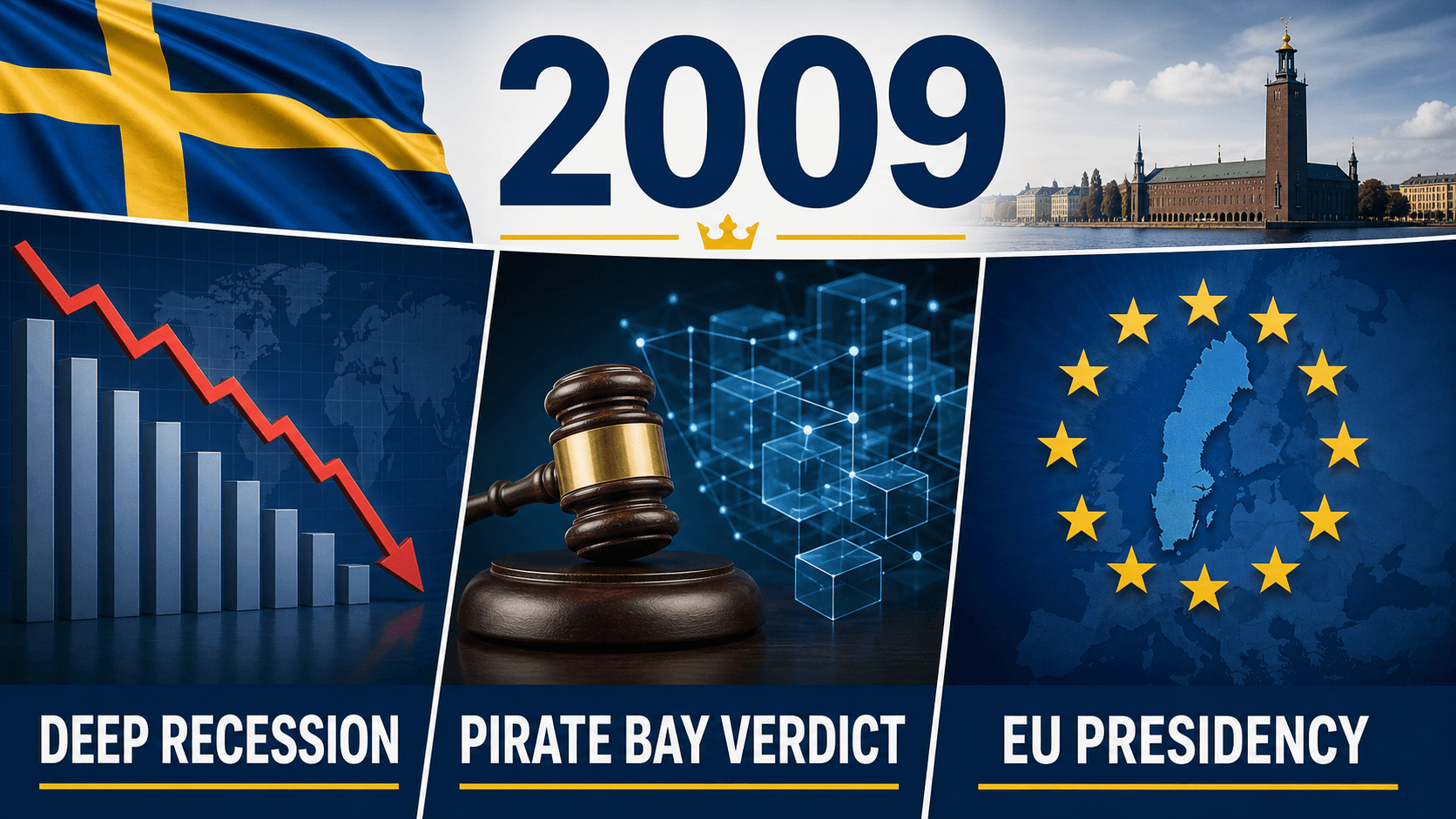 Infographic for Sweden in 2009 with a falling chart, courtroom symbols, and EU Presidency stars.